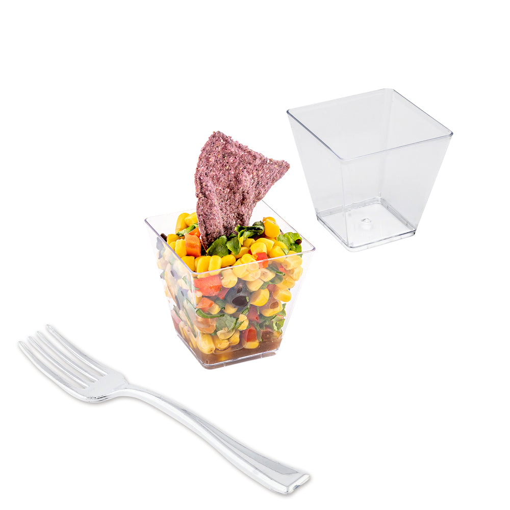 100 5 oz Square Clear Plastic Medium Kova Cups and 100 Silver Plastic 4" Mini Forks