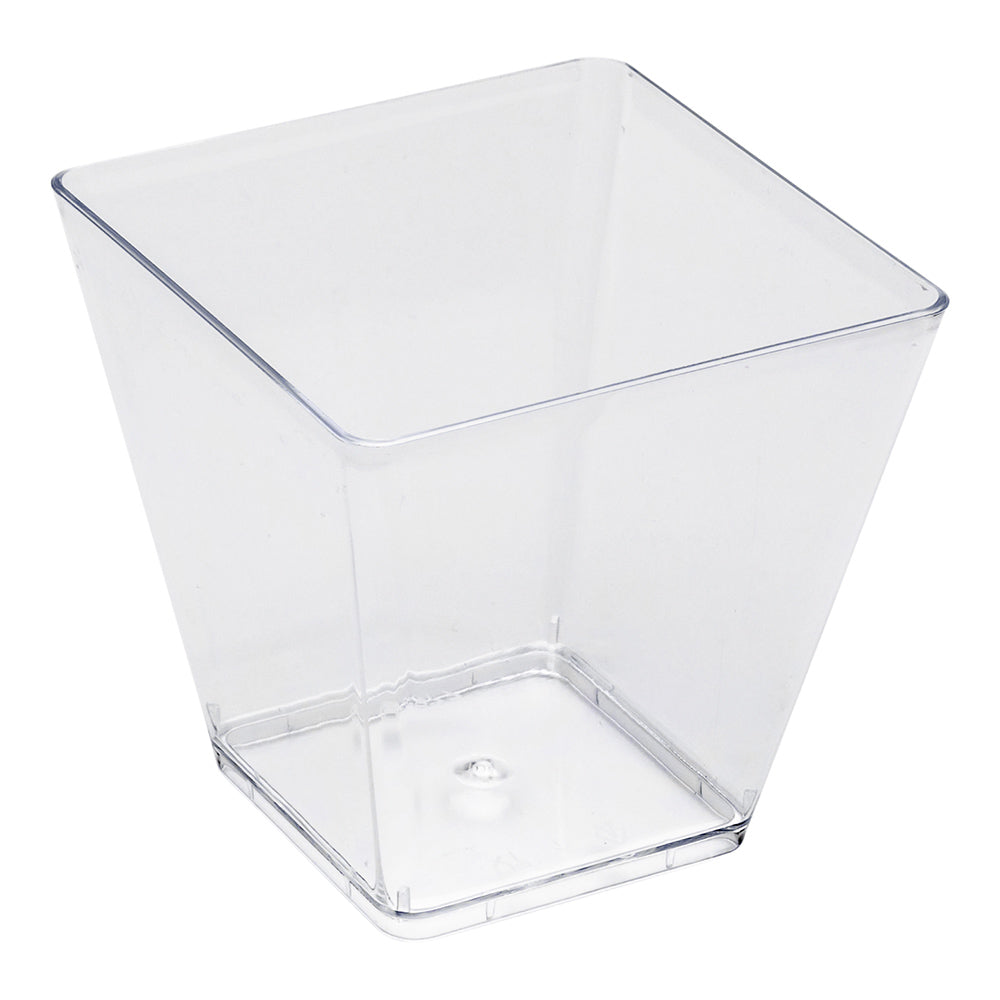 100 5 oz Square Clear Plastic Medium Kova Cups and 100 Silver Plastic 4" Mini Forks