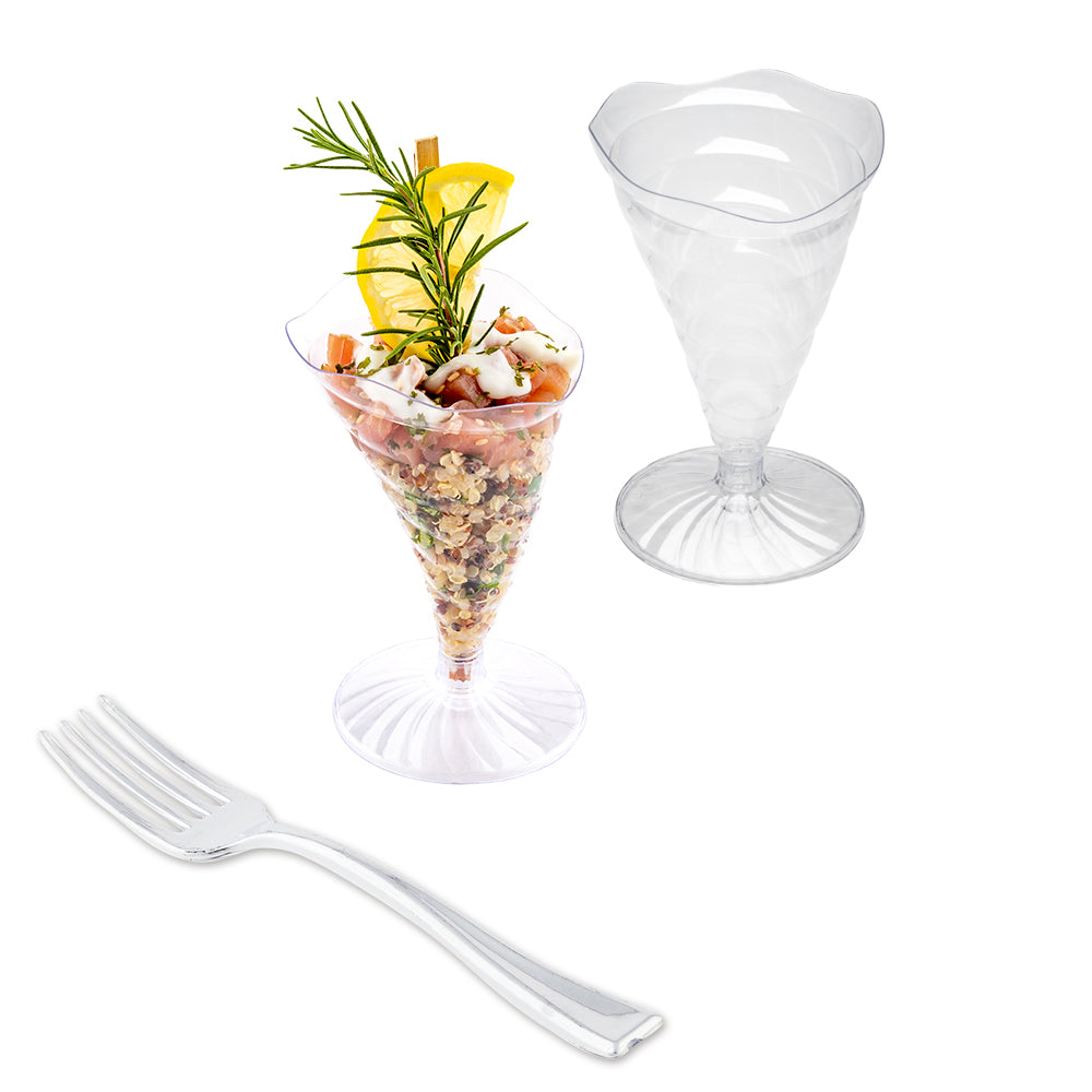 100 3 oz Clear Plastic Nautilus Appetizer Cones and 100 Silver Plastic 4" Mini Forks