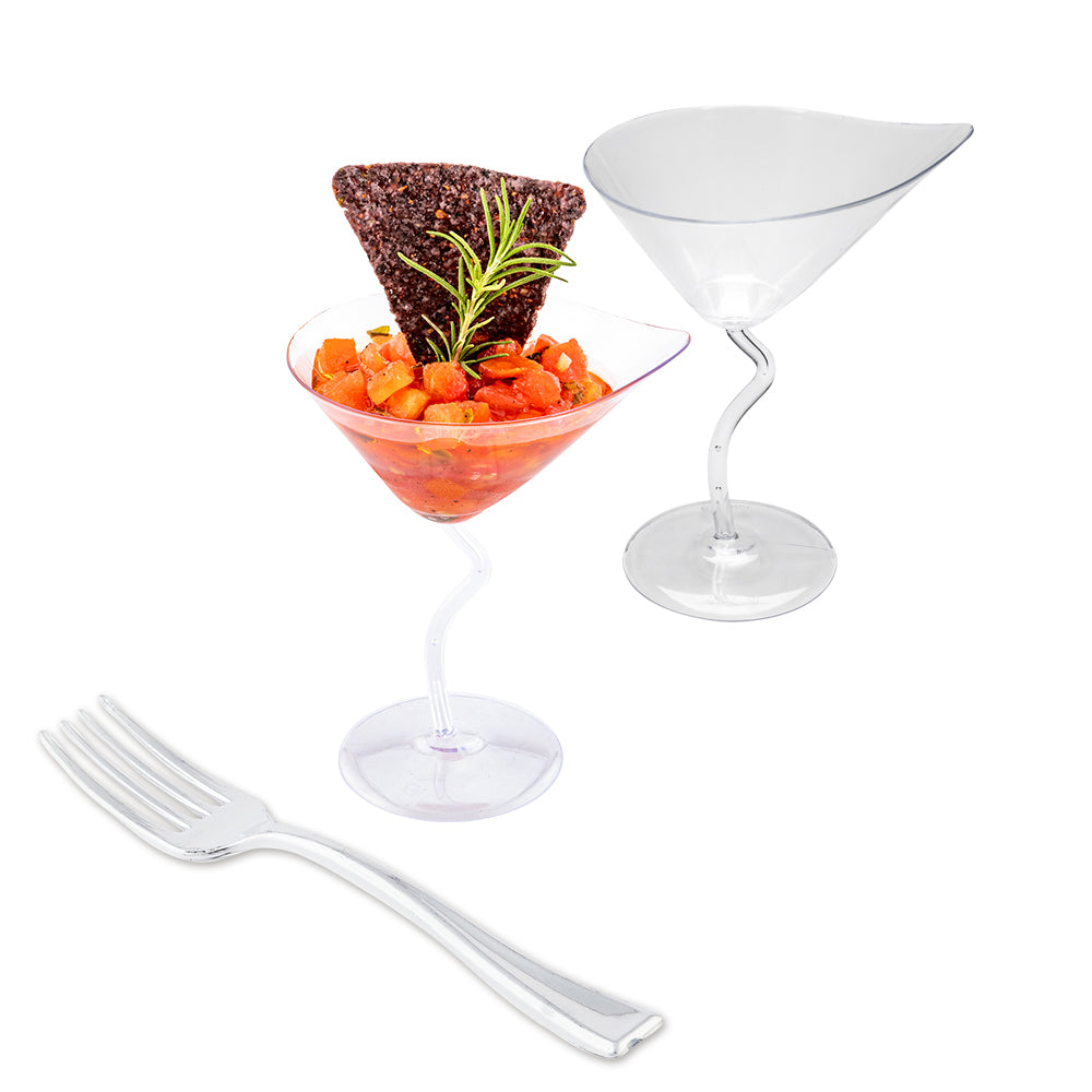 100 3 oz Clear Plastic Dekko Martini Glass and 100 Silver Plastic 4" Mini Forks