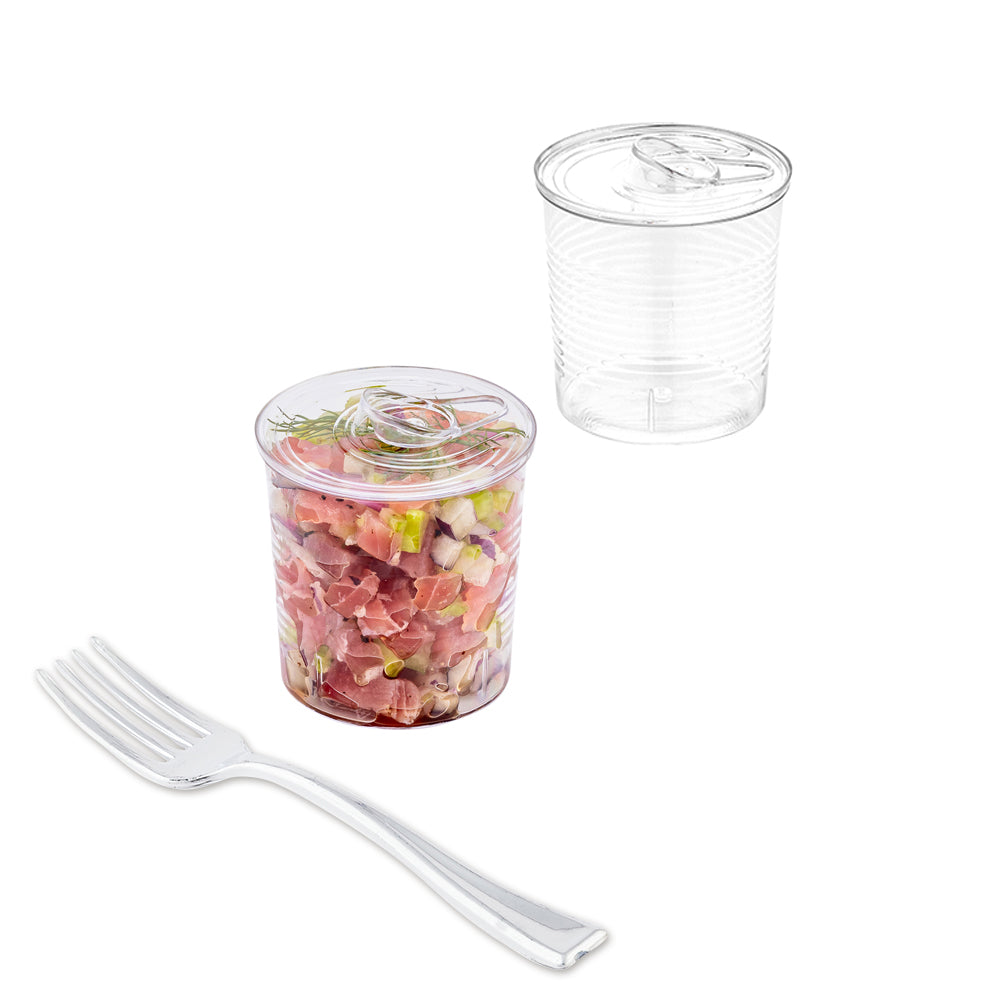 100 4 oz Round Clear Plastic Tin Cans and 100 Silver Plastic 4" Mini Forks