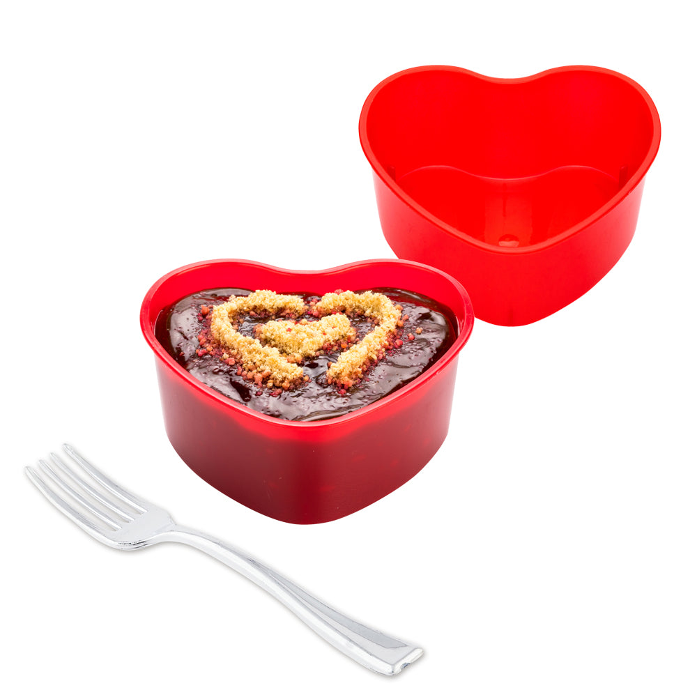 100 5 oz Red Plastic Mini Heart Cups and 100 Silver Plastic 4" Mini Forks