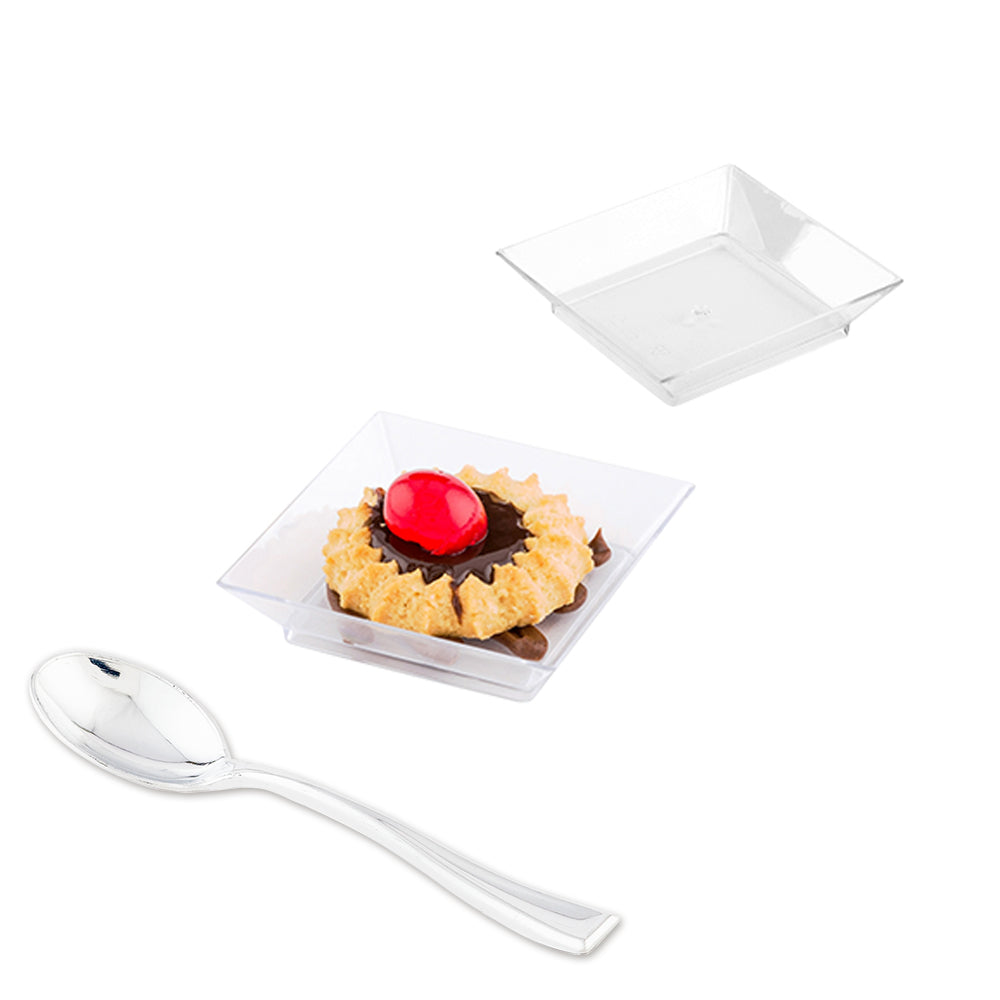 100 Square Clear 2.5" Plastic Mini Modern Plates and 100 Silver Plastic 4" Mini Spoons