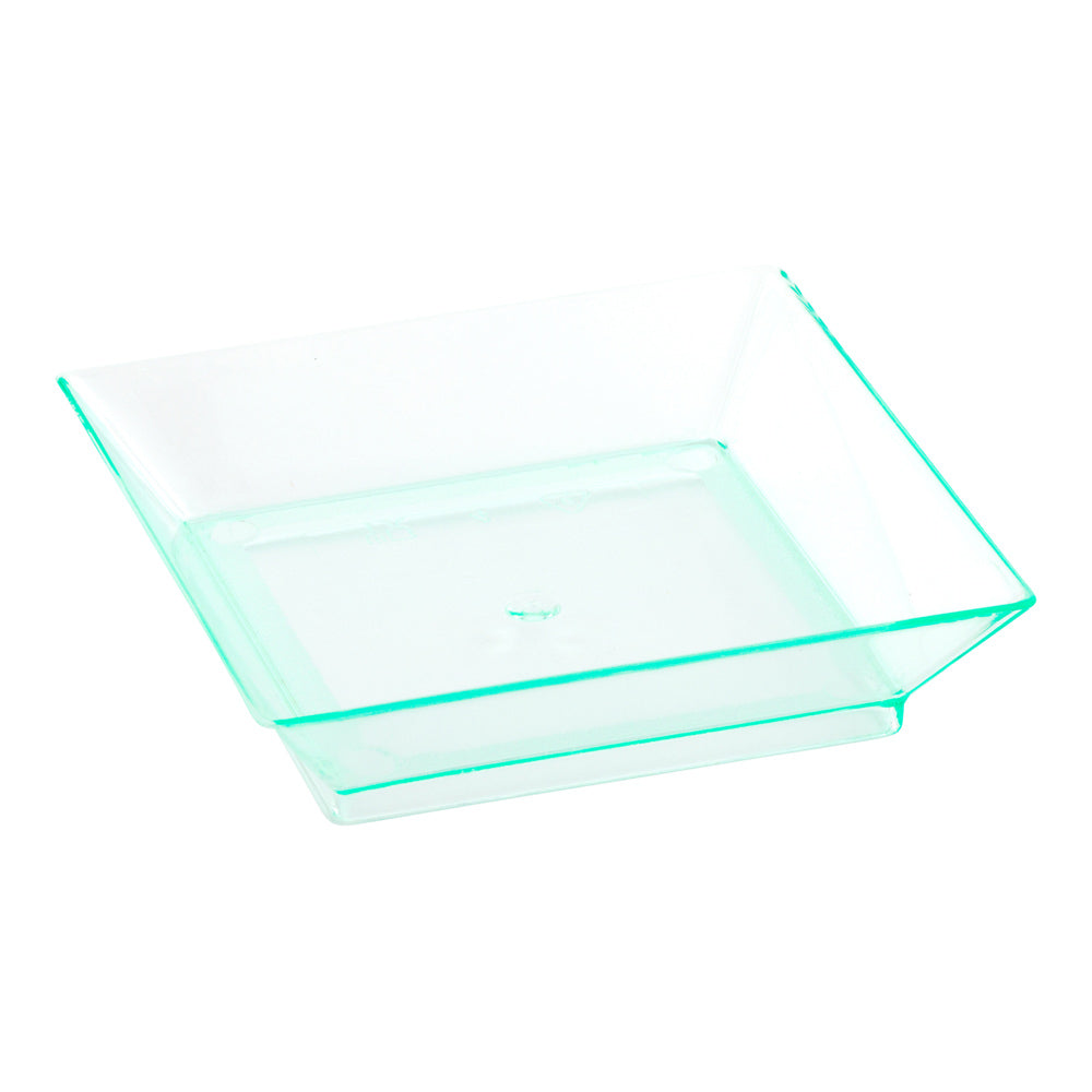 100 Square Seagreen 2.5" Plastic Mini Modern Plates and 100 Silver Plastic 4" Mini Spoons