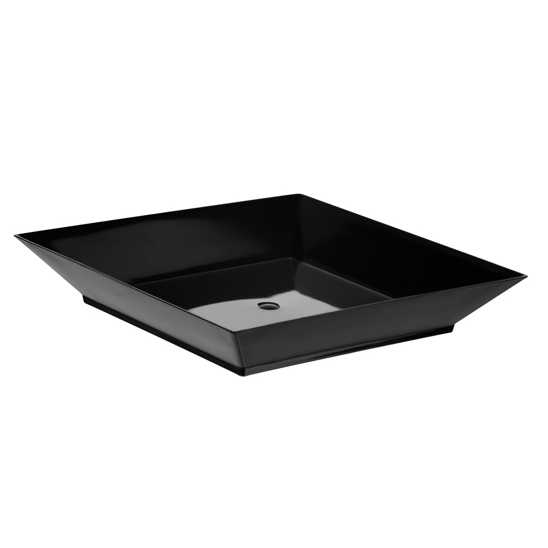 100 Square Black 3.9" Plastic Small Modern Plates and 100 Silver Plastic 4" Mini Spoons