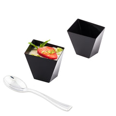 100 2 oz Square Black Plastic Girata Dessert Dish and 100 Silver Plastic 4