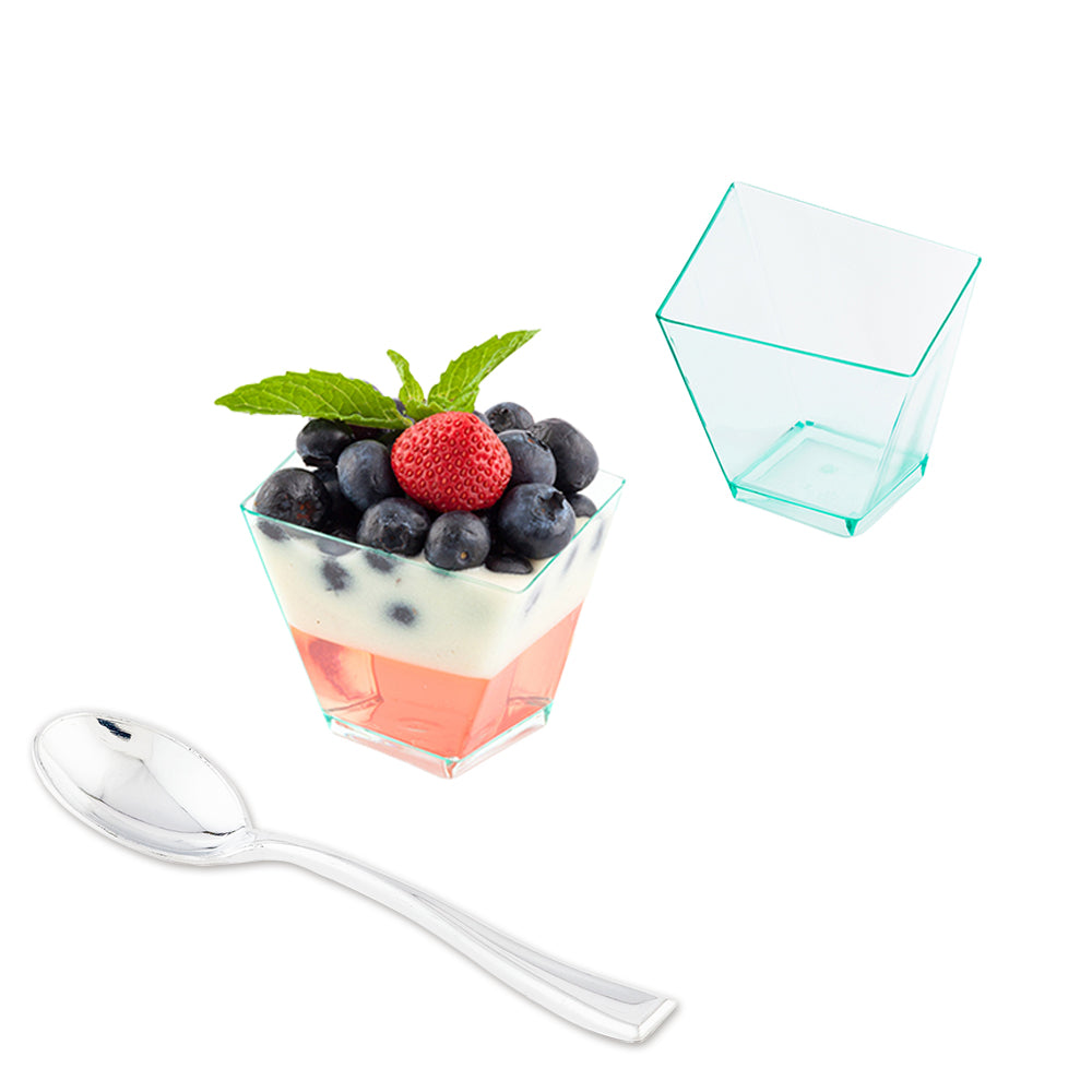 100 2 oz Square Seagreen Plastic Girata Dessert Dish and 100 Silver Plastic 4" Mini Spoons