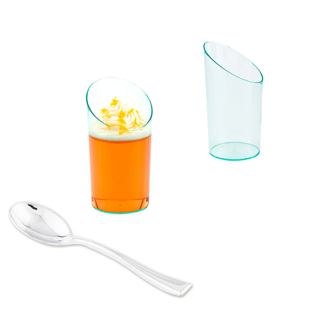 Bundle: 100 3 oz Round Seagreen Plastic Incline Shot Glass with 100 Silver Plastic 4" Mini Spoons