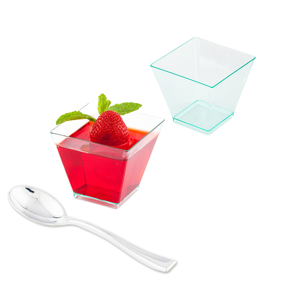 Bundle: 100 2 oz Square Seagreen Plastic Mini Kova Cups with 100 Silver Plastic 4" Mini Spoons