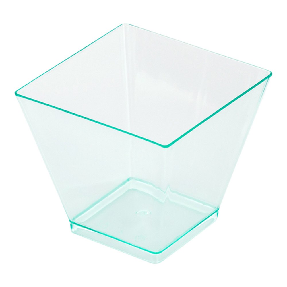 Bundle: 100 2 oz Square Seagreen Plastic Mini Kova Cups with 100 Silver Plastic 4" Mini Spoons