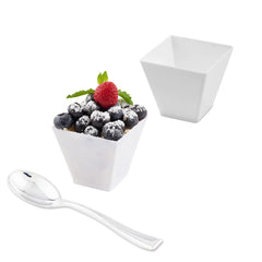 Bundle: 100 2 oz Square White Plastic Mini Kova Cups with 100 Silver Plastic 4