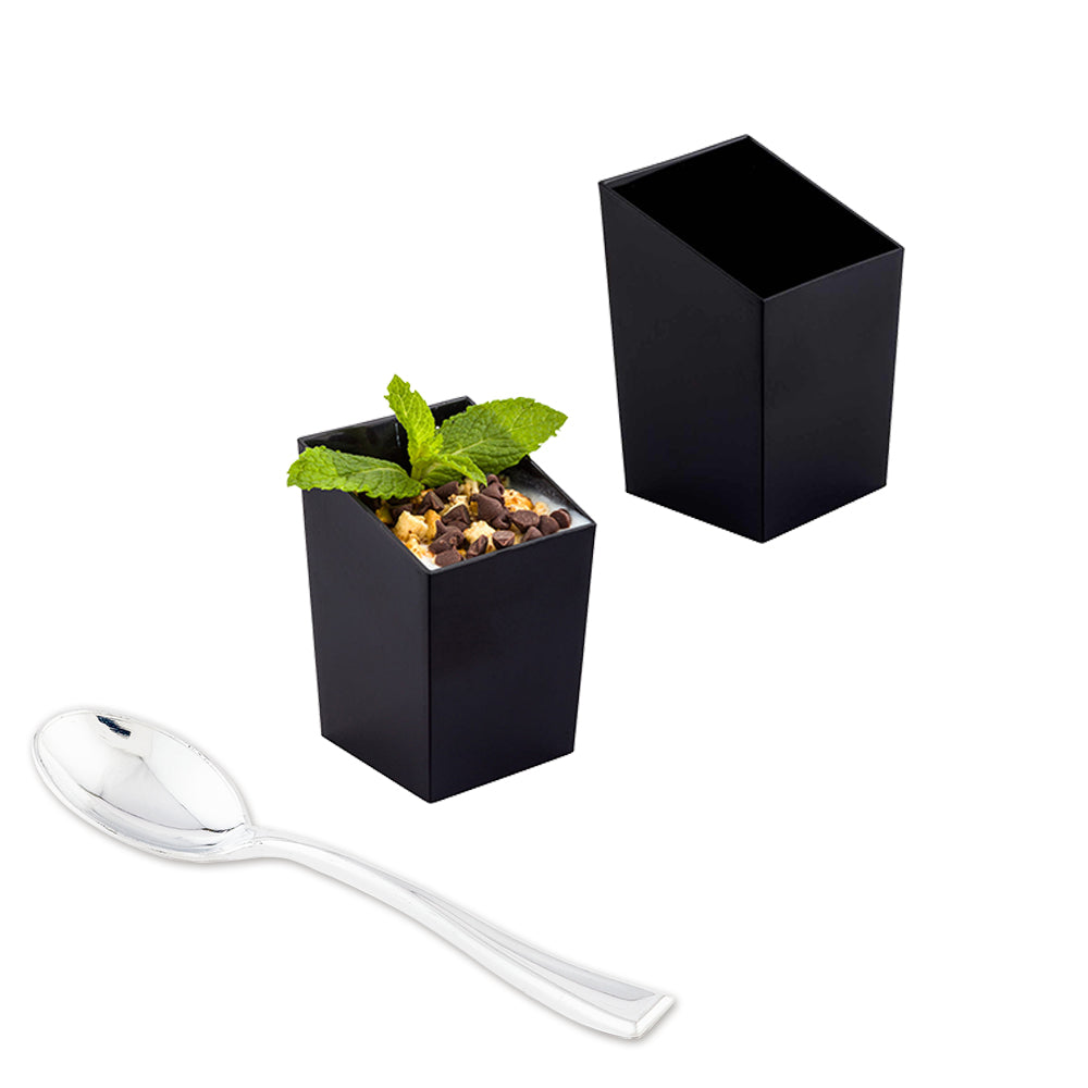 Bundle: 100 3 oz Square Black Plastic Incline Cups with 100 Silver Plastic 4" Mini Spoons