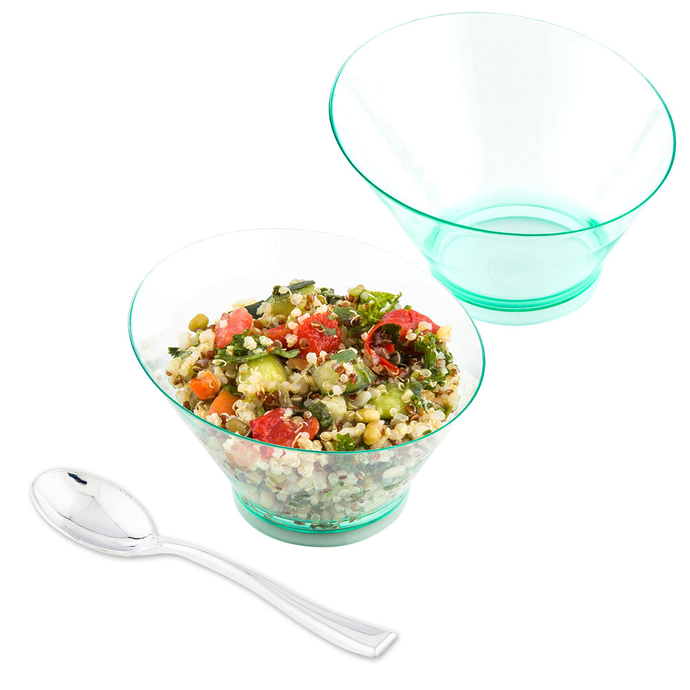 100 7 oz Round Seagreen Plastic Incline Bowls and 100 Silver Plastic 4" Mini Spoons