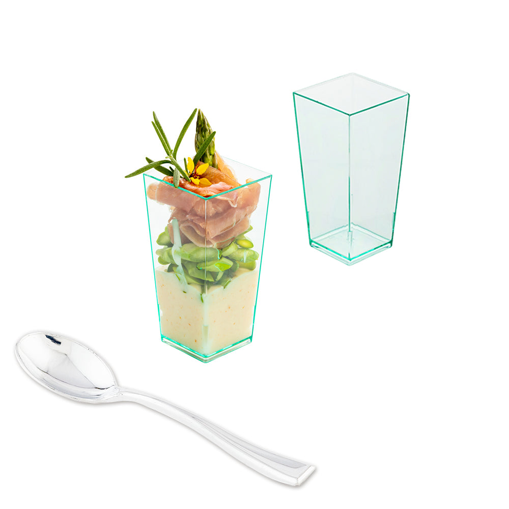 100 4 oz Square Seagreen Plastic Tall Geometric Cups and 100 Silver Plastic 4" Mini Spoons