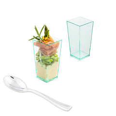 100 4 oz Square Seagreen Plastic Tall Geometric Cups and 100 Silver Plastic 4