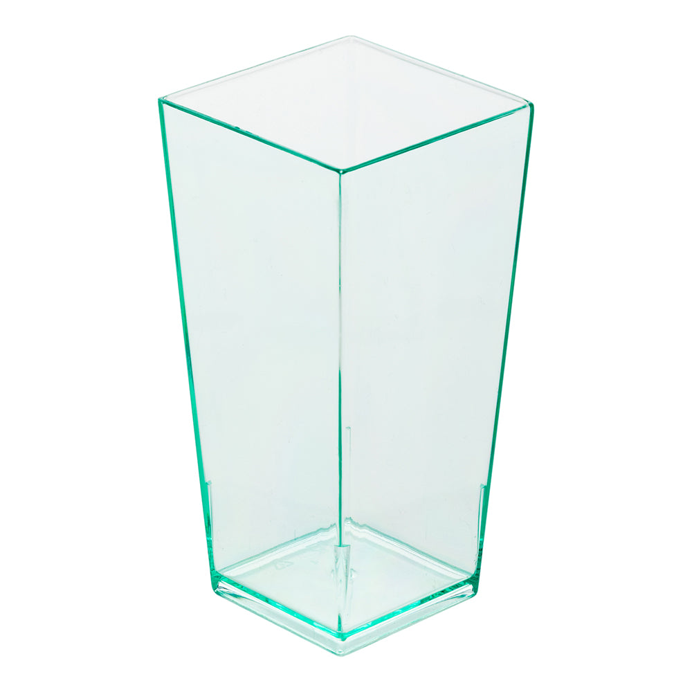 100 4 oz Square Seagreen Plastic Tall Geometric Cups and 100 Silver Plastic 4" Mini Spoons