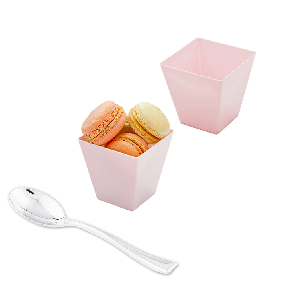 100 8 oz Square Powder Pink Plastic Large Kova Cups and 100 Silver Plastic 4" Mini Spoons