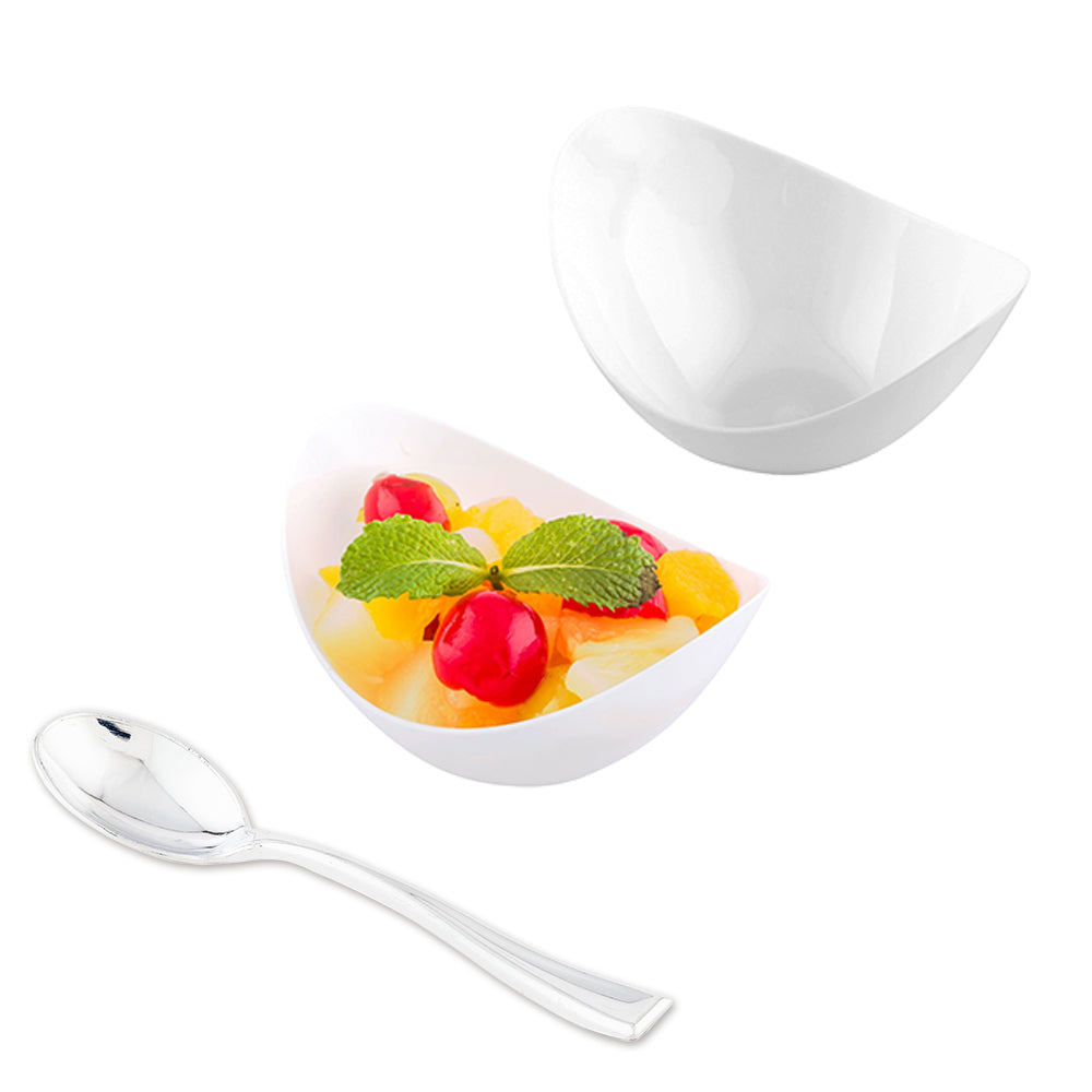 100 2 oz Oval White Plastic Alato Tasting Dish and 100 Silver Plastic 4" Mini Spoons