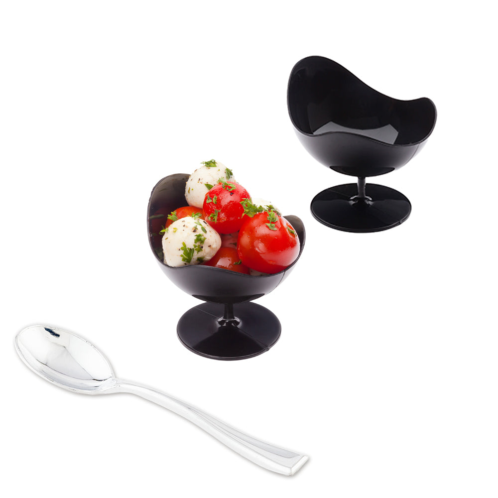 100 2 oz Round Black Plastic Ball Chairs and 100 Silver Plastic 4" Mini Spoons