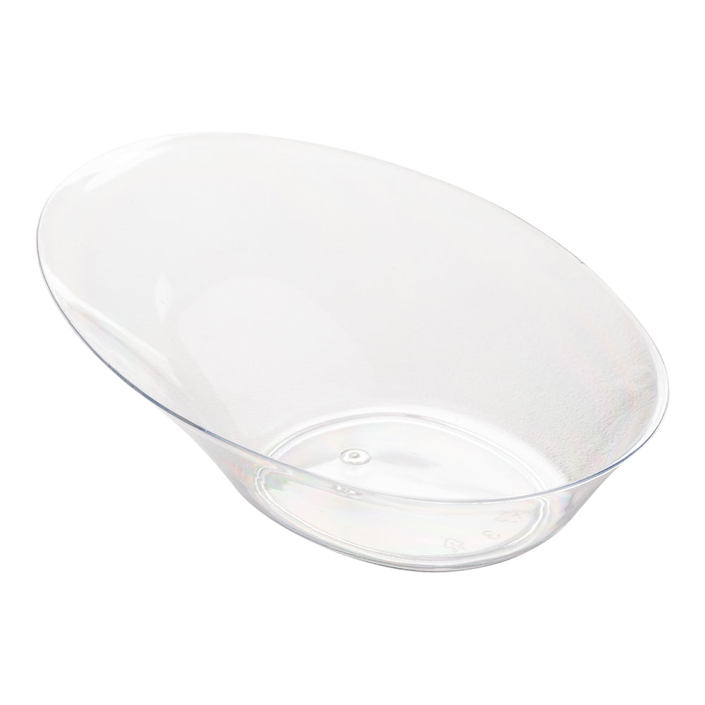 100 Oval Clear 4" Plastic Ellipse Dish and 100 Silver Plastic 4" Mini Spoons