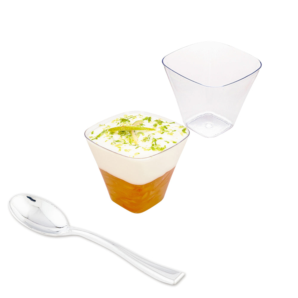 100 4 oz Square Clear Plastic Bellissima Tasting Cups and 100 Silver Plastic 4" Mini Spoons