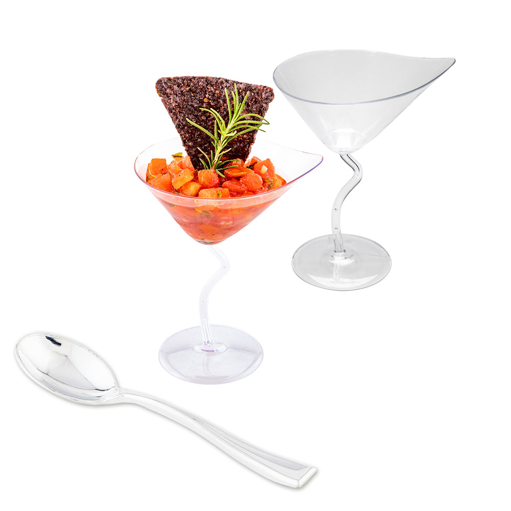 100 3 oz Clear Plastic Dekko Martini Glass and 100 Silver Plastic 4" Mini Spoons