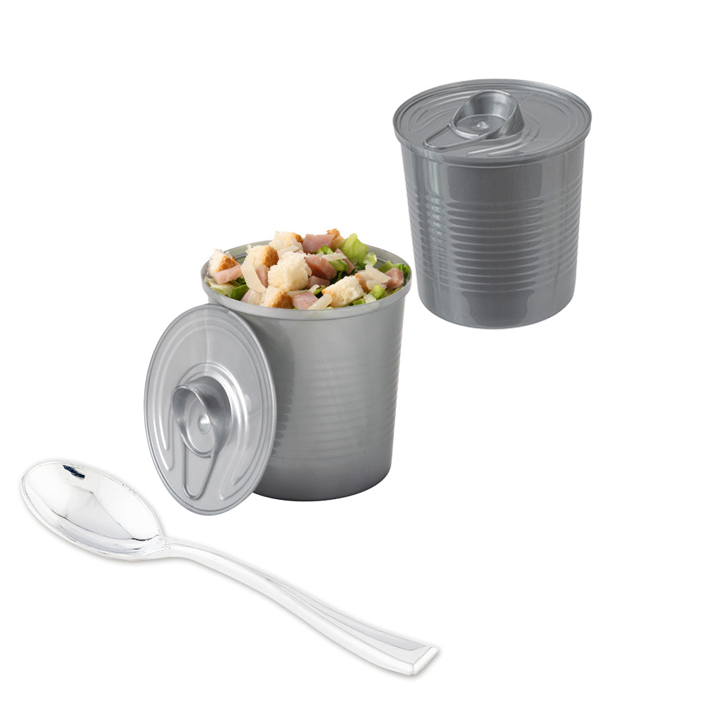 100 4 oz Round Silver Plastic Tin Cans and 100 Silver Plastic 4" Mini Spoons