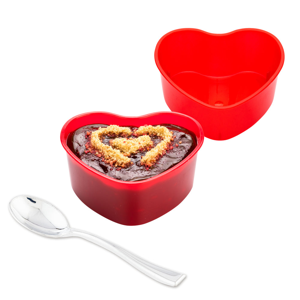 100 5 oz Red Plastic Mini Heart Cups and 100 Silver Plastic 4" Mini Spoons