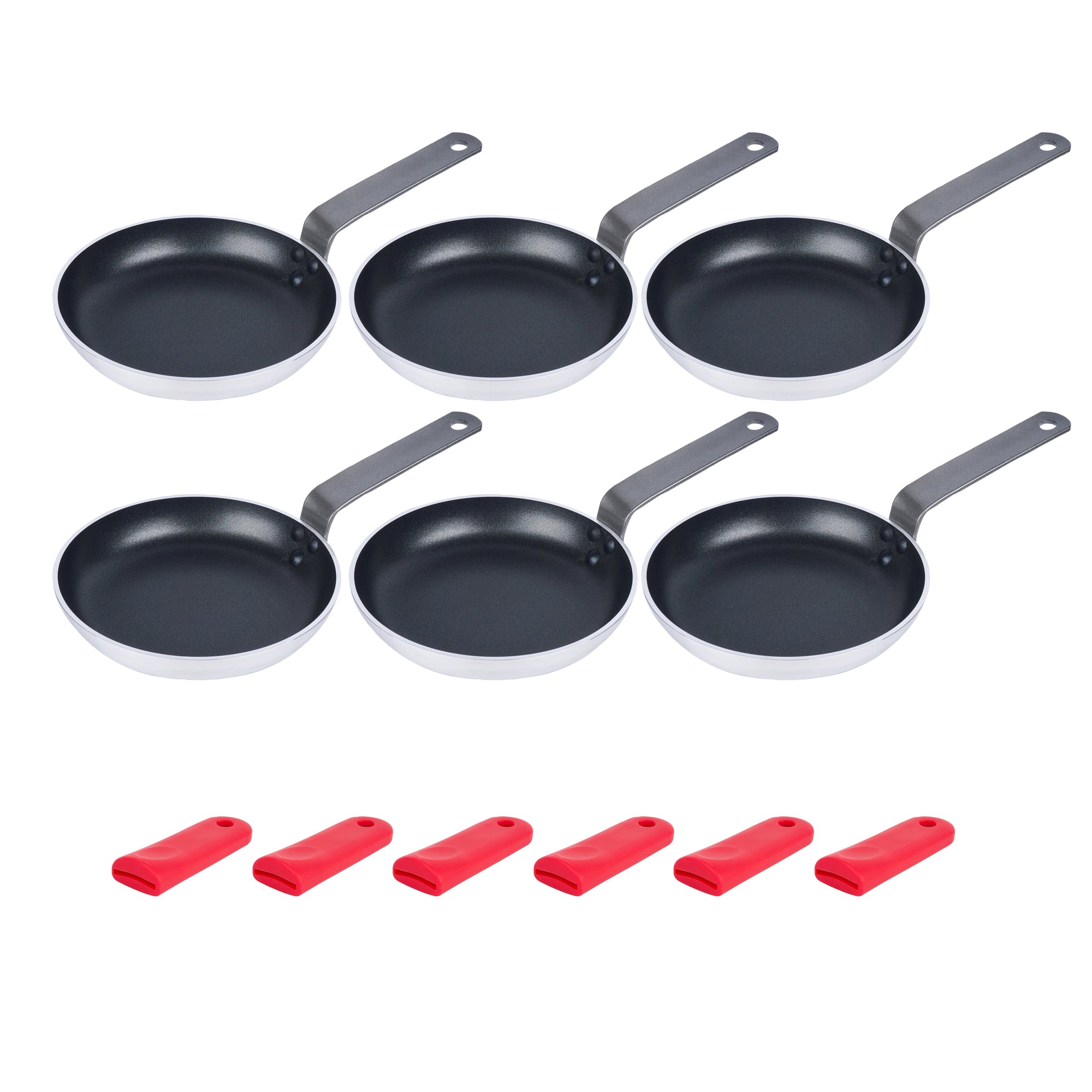 Met Lux 6 Aluminum 8" Induction Ready Fry Pans and 6 Red Silicone Pan Handle Sleeves