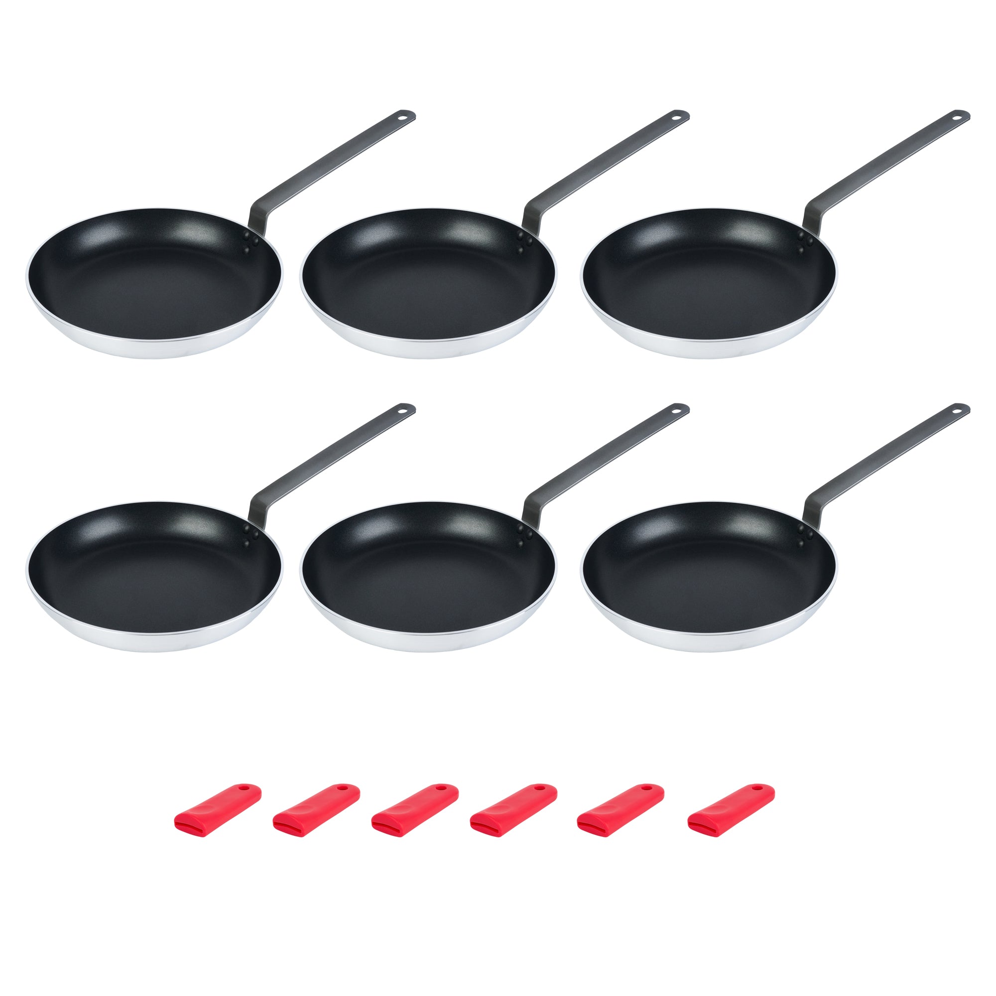 Met Lux 6 Aluminum 12" Induction Ready Fry Pans and 6 Red Silicone Pan Handle Sleeves