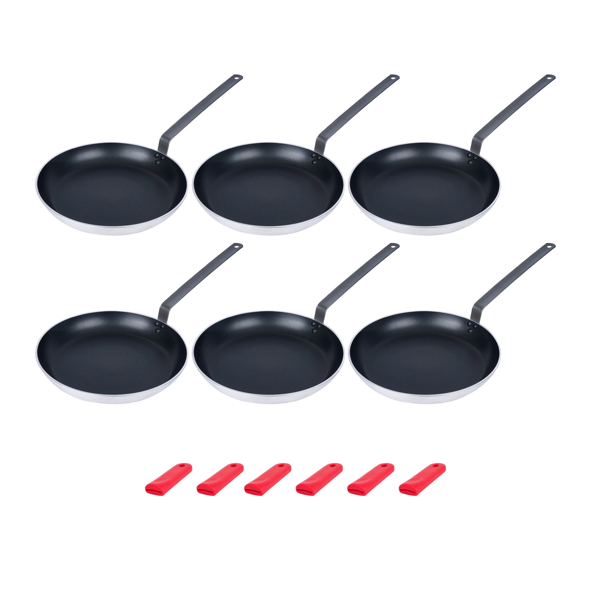 Met Lux 6 Aluminum 14" Induction Ready Fry Pans and 6 Red Silicone Pan Handle Sleeves