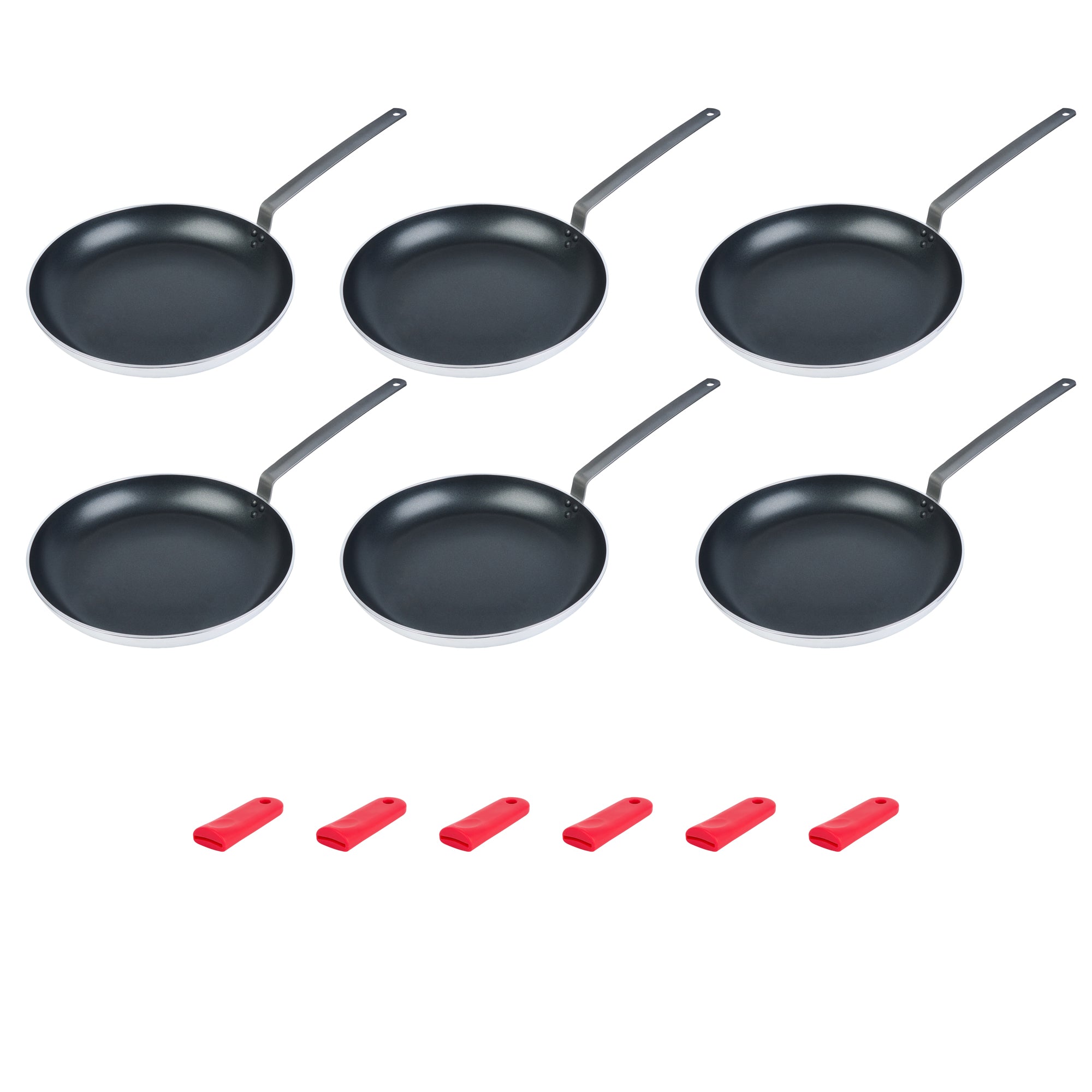 Met Lux 6 Aluminum 16" Induction Ready Fry Pans and 6 Red Silicone Pan Handle Sleeves