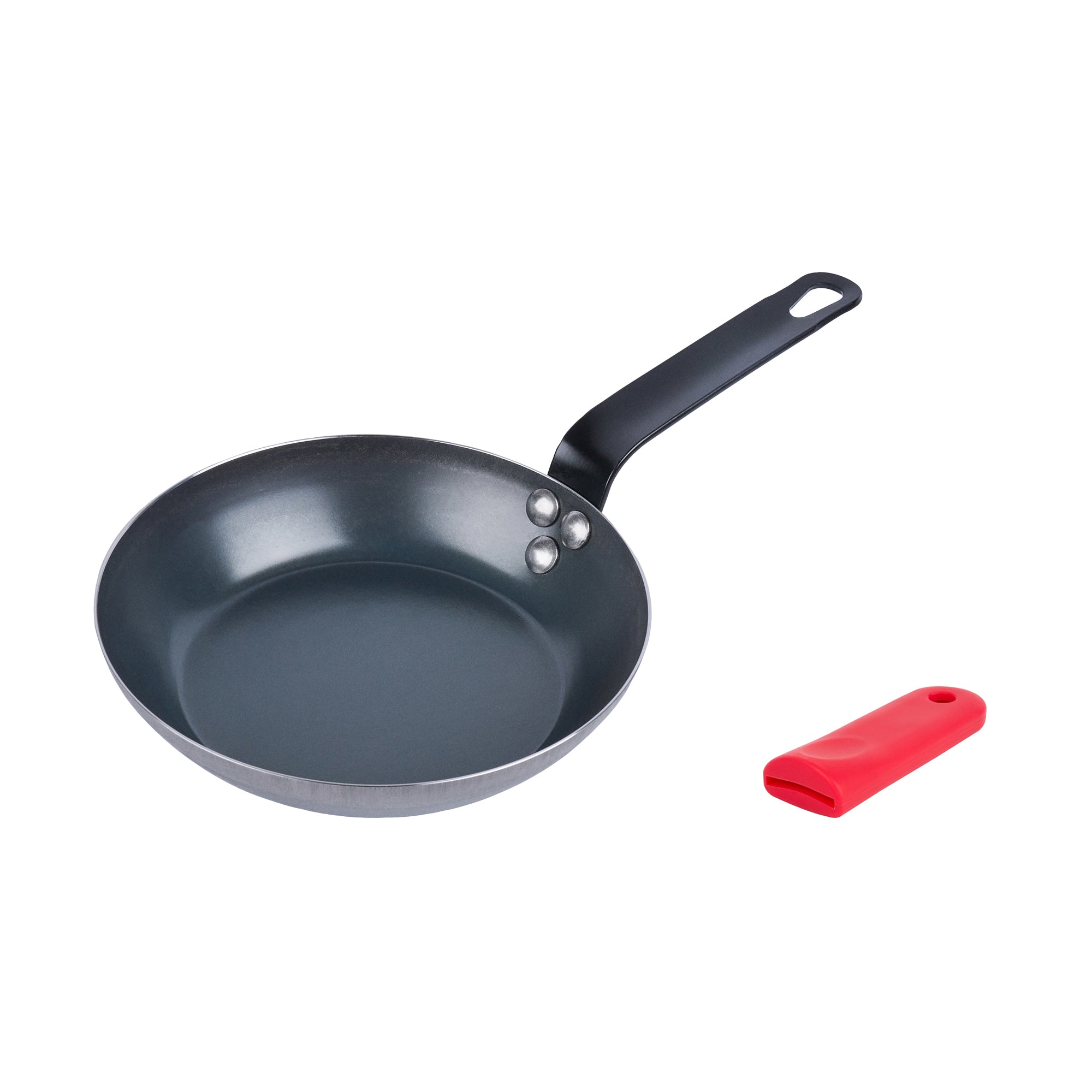 Met Lux 1 Black Carbon Steel 8" Pre-Seasoned Fry Pan and 1 Red Silicone Pan Handle Sleeve