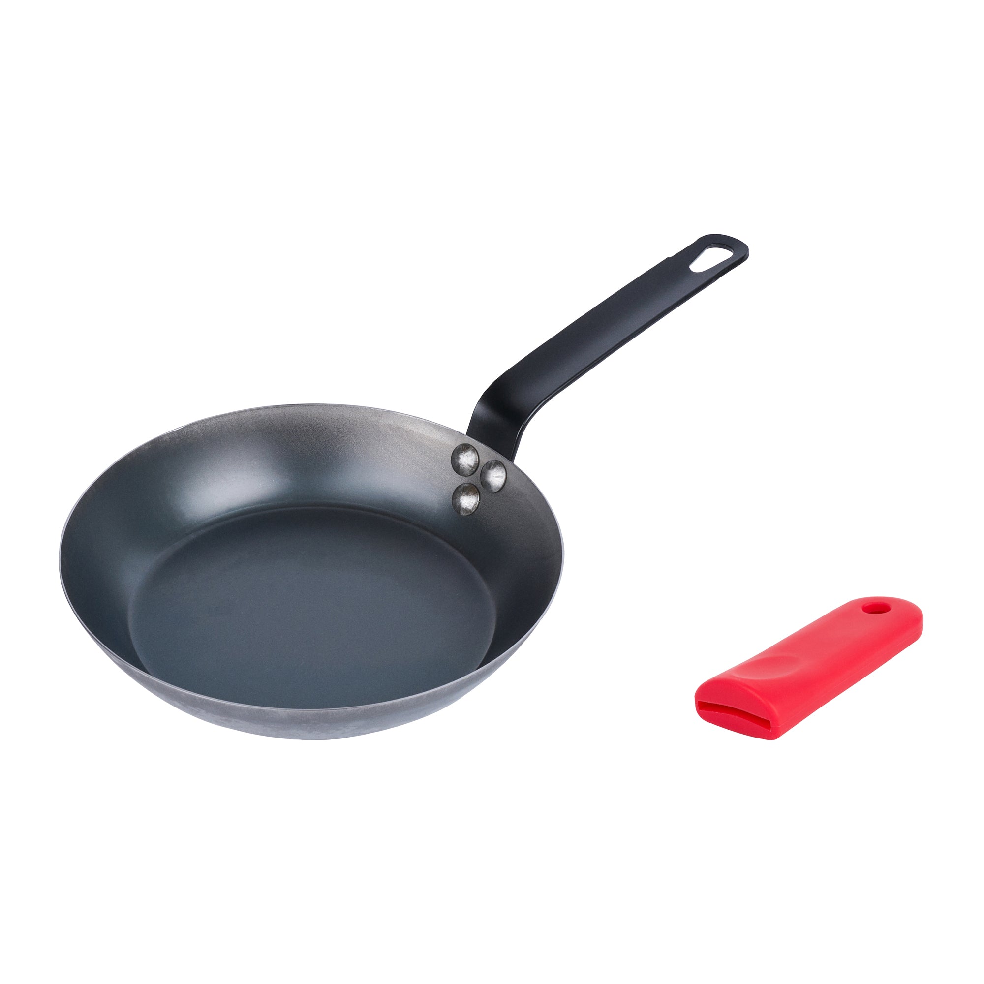 Met Lux 1 Black Carbon Steel 9" Pre-Seasoned Fry Pan and 1 Red Silicone Pan Handle Sleeve