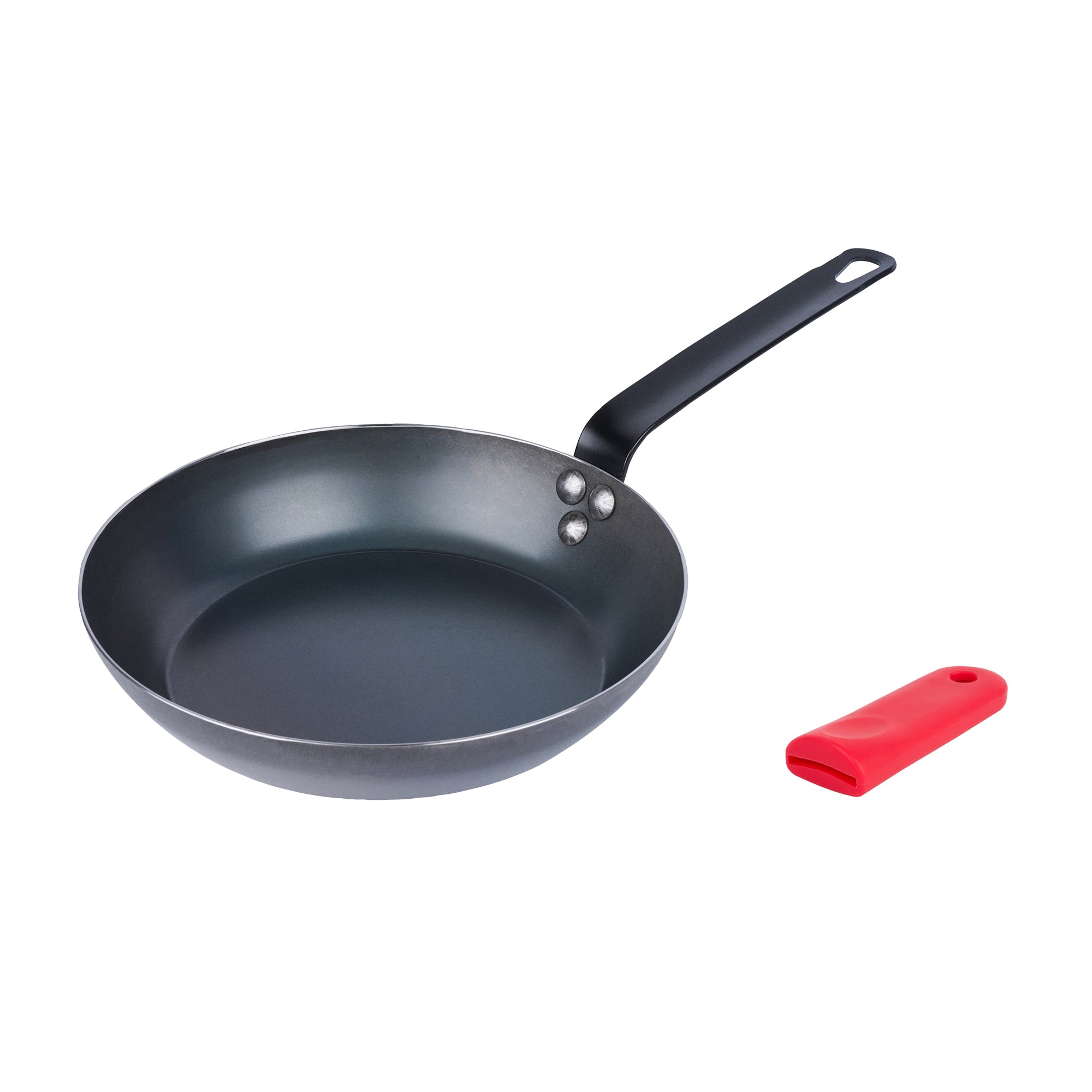 Met Lux 1 Black Carbon Steel 9 1/2" Pre-Seasoned Fry Pan and 1 Red Silicone Pan Handle Sleeve