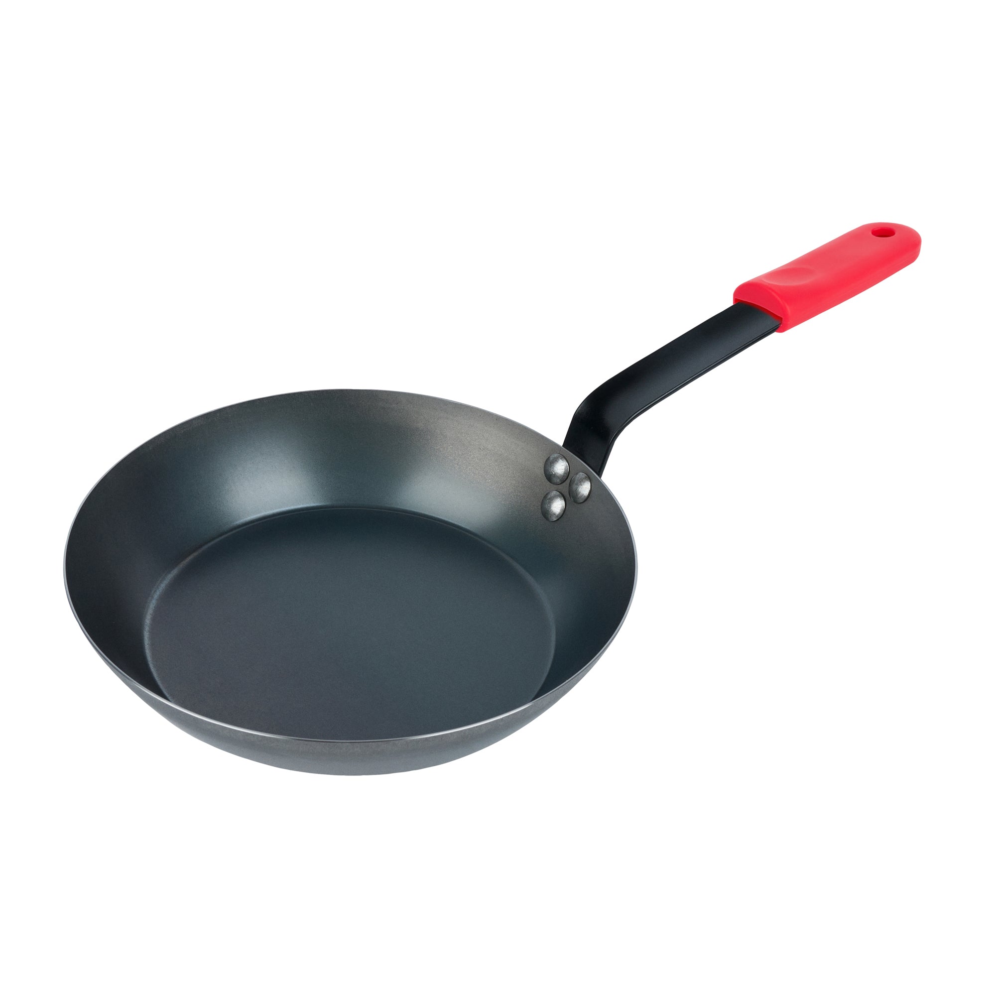 Met Lux 1 Black Carbon Steel 10" Pre-Seasoned Fry Pan and 1 Red Silicone Pan Handle Sleeve