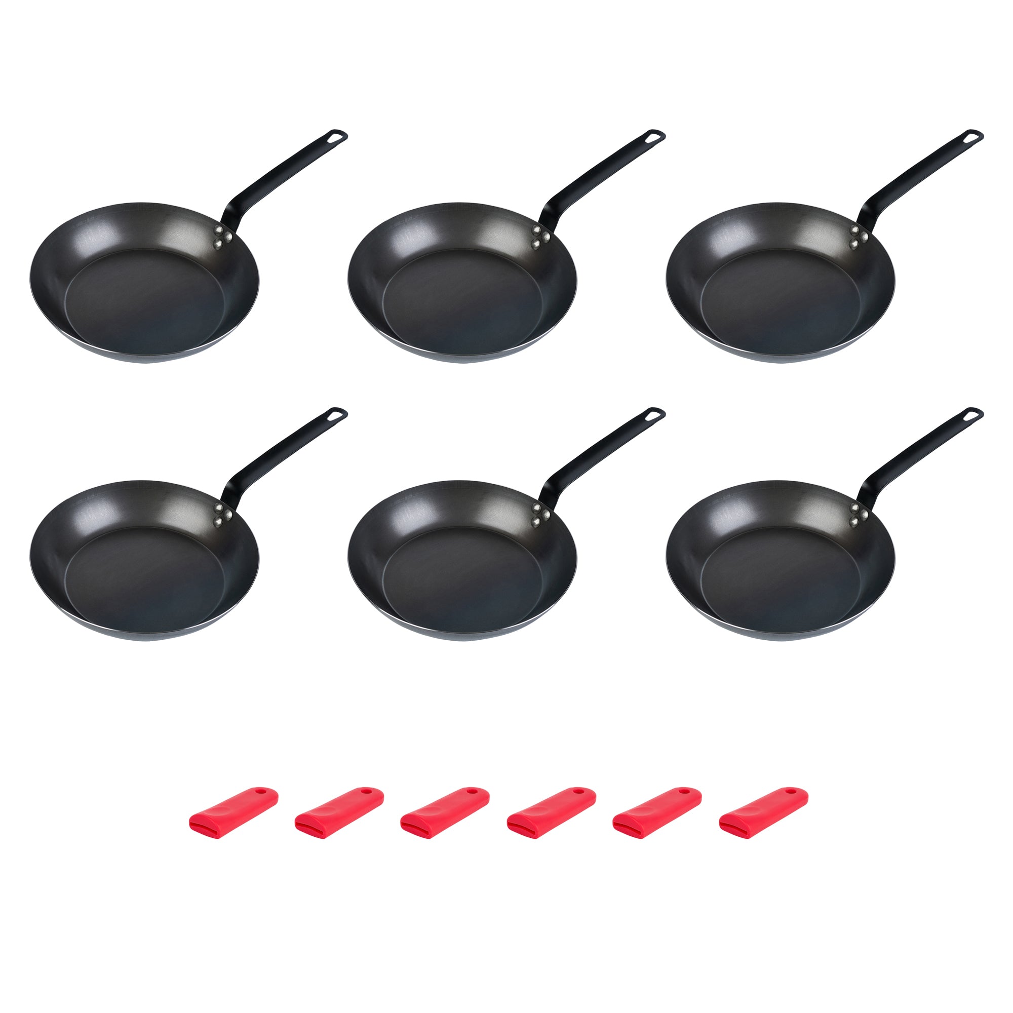 Met Lux 6 Black Carbon Steel 11" Pre-Seasoned Fry Pans and 6 Red Silicone Pan Handle Sleeves