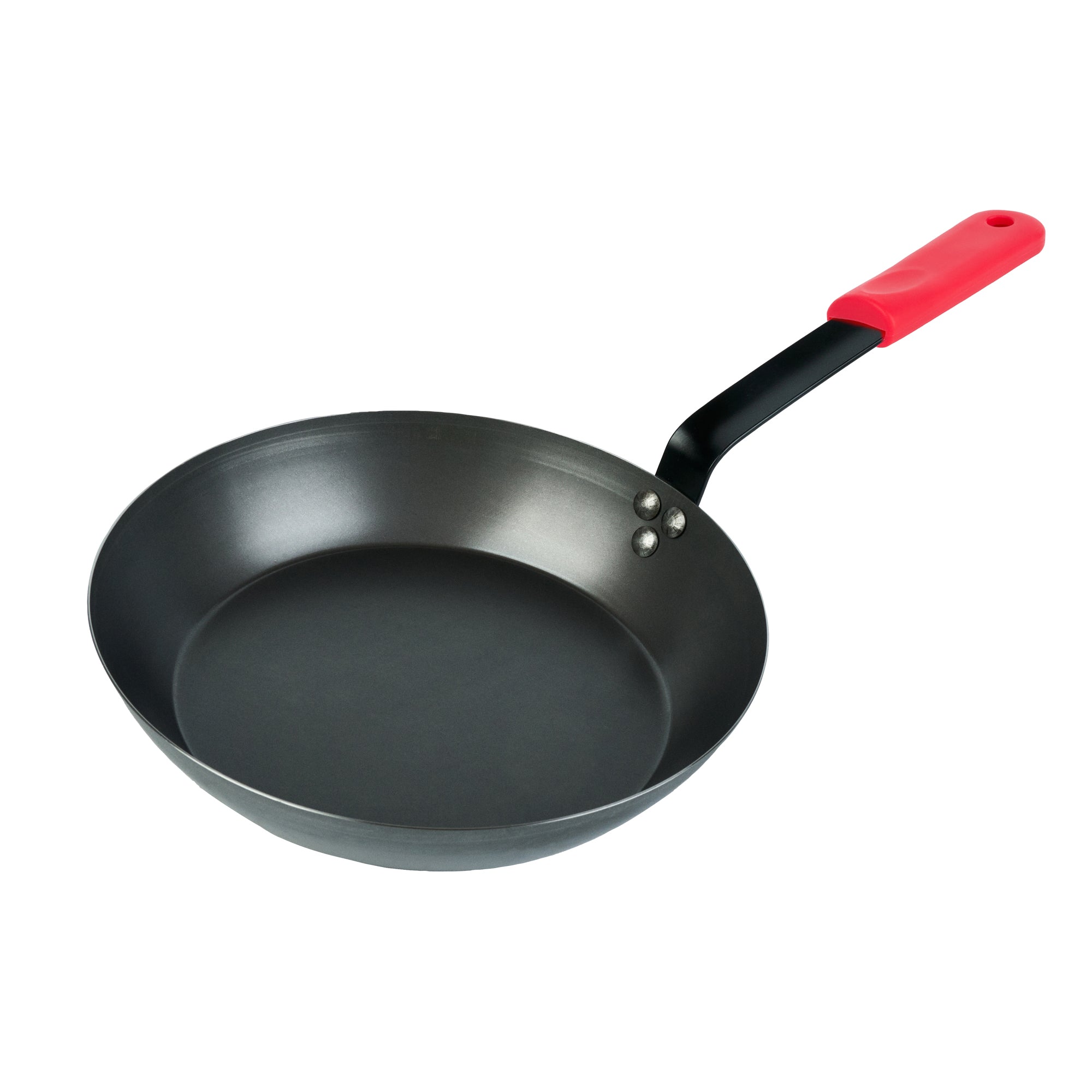 Met Lux 6 Black Carbon Steel 12" Pre-Seasoned Fry Pans and 6 Red Silicone Pan Handle Sleeves