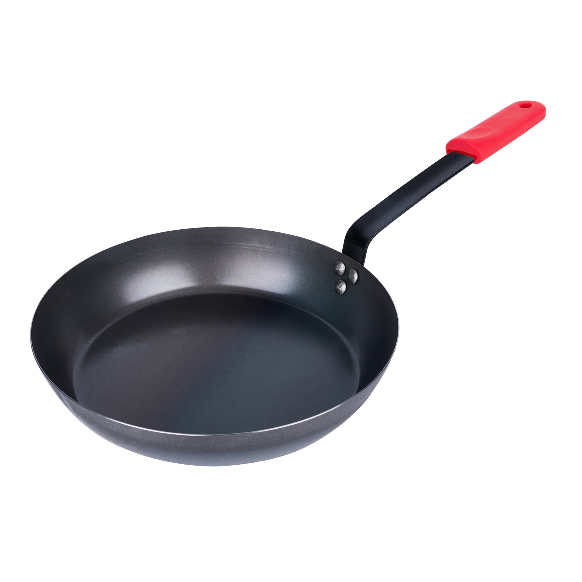 Met Lux 1 Black Carbon Steel 13" Pre-Seasoned Fry Pan and 1 Red Silicone Pan Handle Sleeve