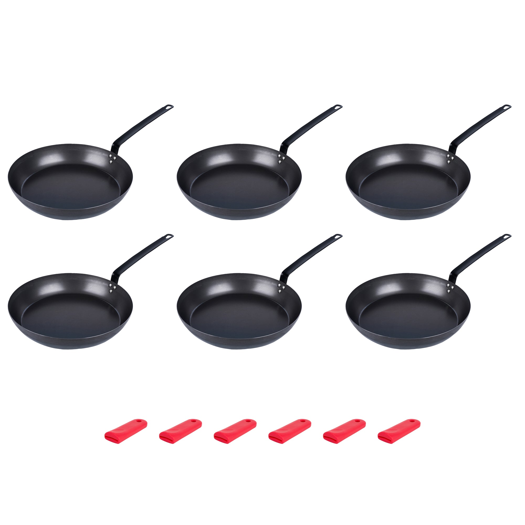 Met Lux 6 Black Carbon Steel 14" Pre-Seasoned Fry Pans and 6 Red Silicone Pan Handle Sleeves