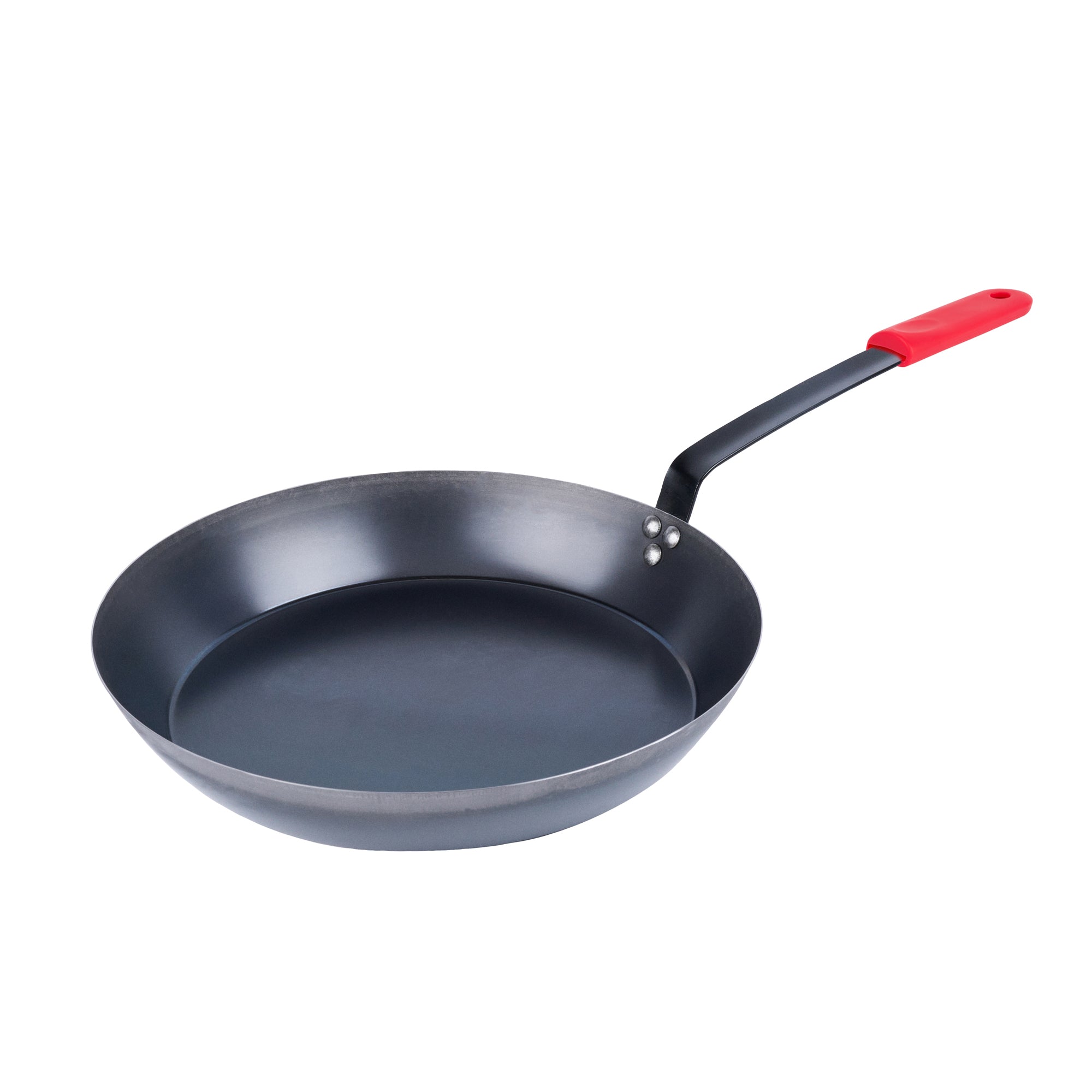 Met Lux 6 Black Carbon Steel 16" Pre-Seasoned Fry Pans and 6 Red Silicone Pan Handle Sleeves