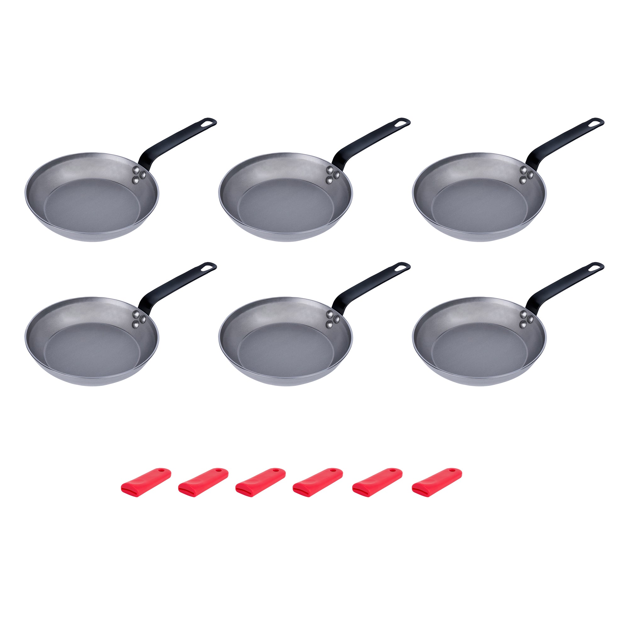 Met Lux 6 Carbon Steel 9" Non-Stick Fry Pans and 6 Red Silicone Pan Handle Sleeves