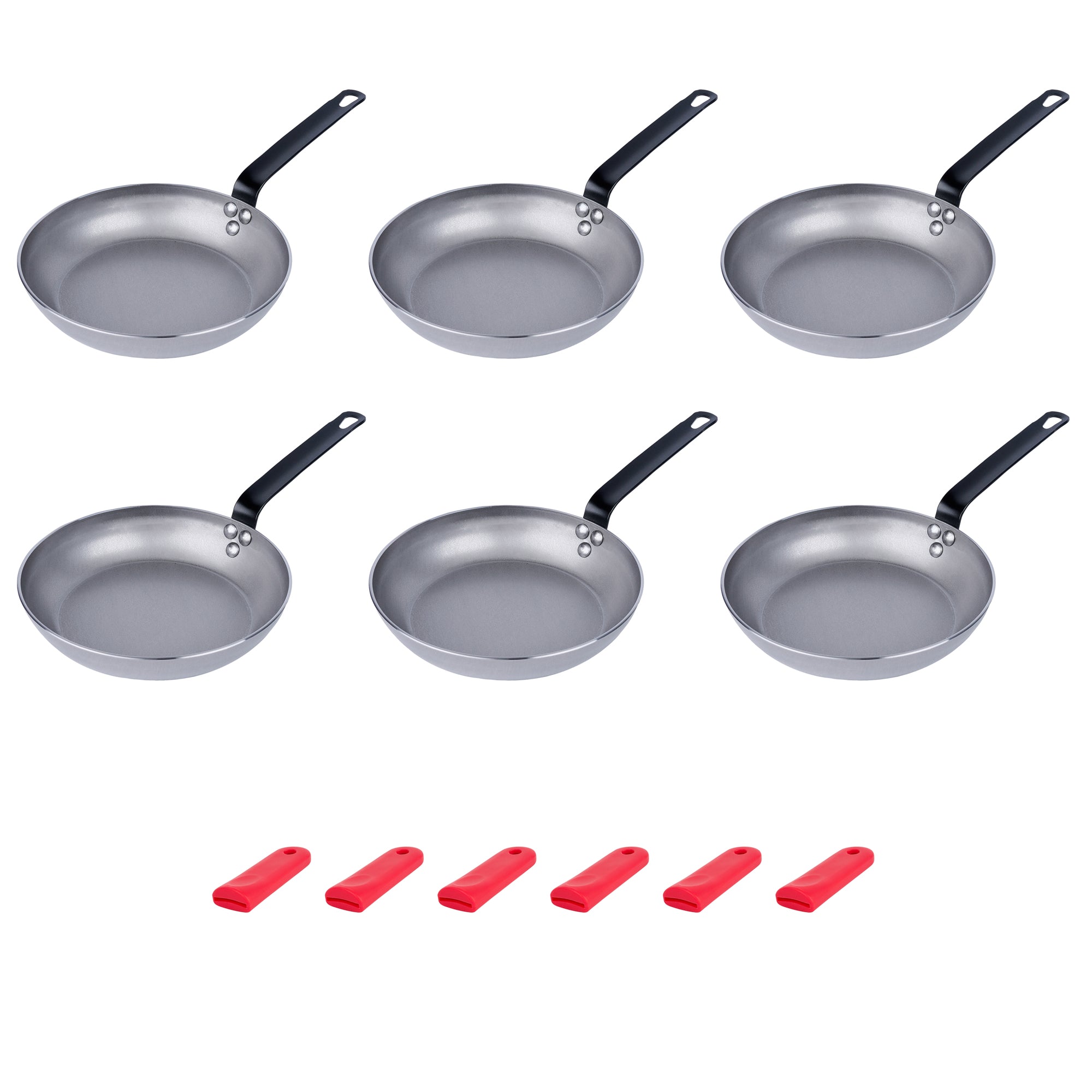 Met Lux 6 Carbon Steel 9 1/2" Non-Stick Fry Pans and 6 Red Silicone Pan Handle Sleeves