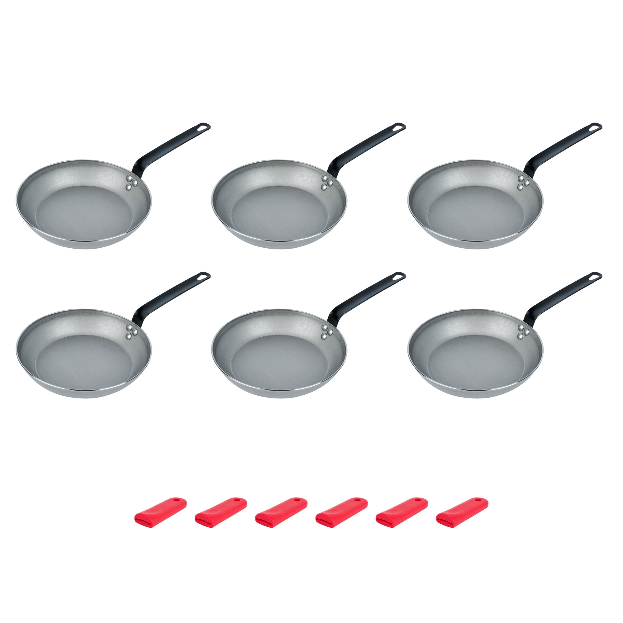 Met Lux 6 Carbon Steel 10" Non-Stick Fry Pans and 6 Red Silicone Pan Handle Sleeves