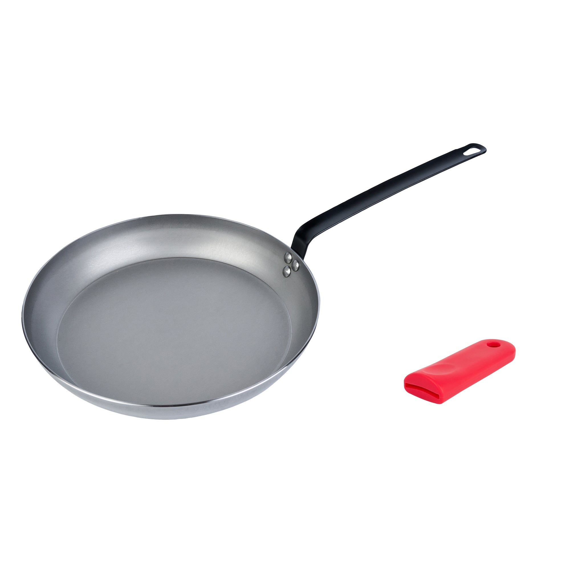 Met Lux 1 Carbon Steel 14" Non-Stick Fry Pan and 1 Red Silicone Pan Handle Sleeve