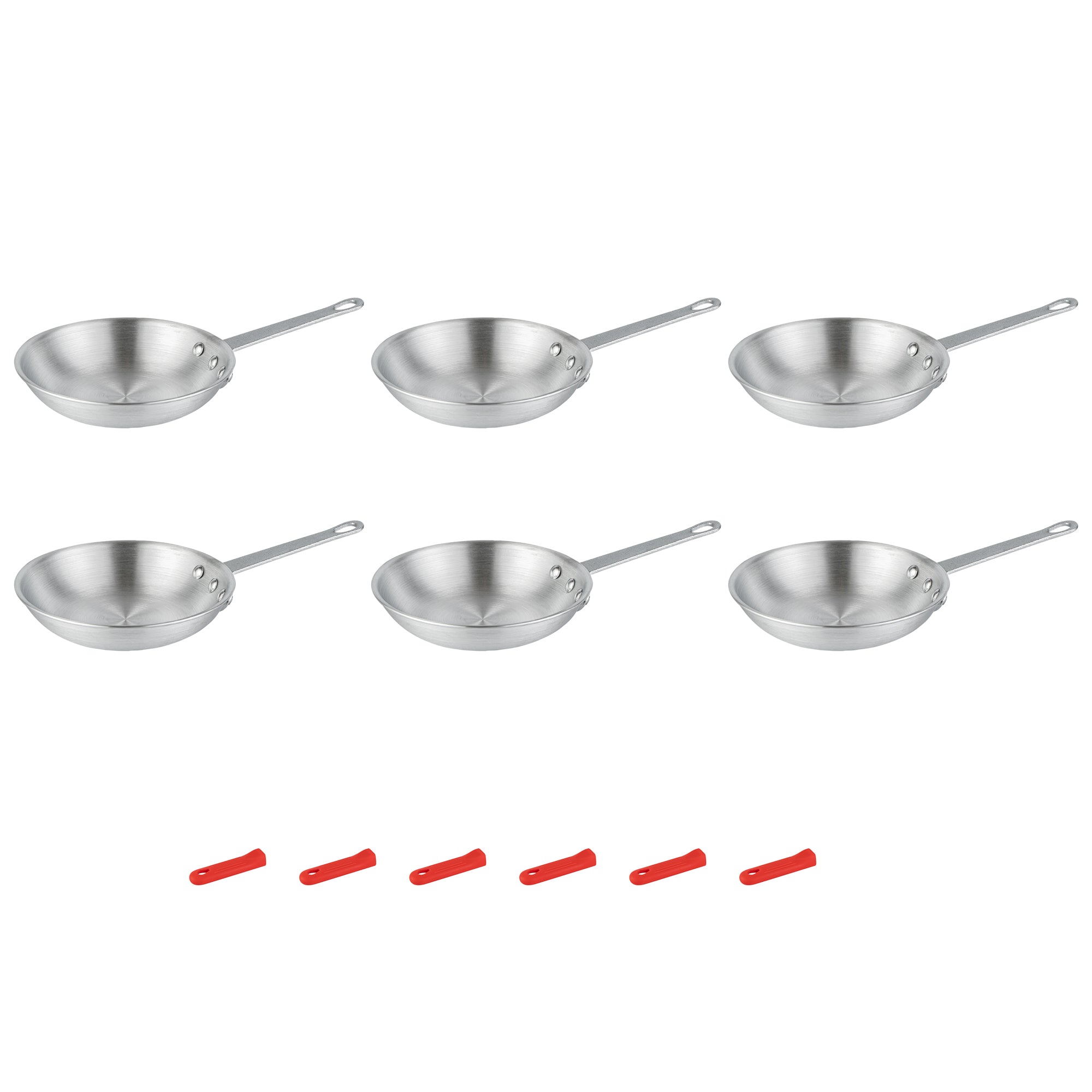 Met Lux 6 Aluminum 8" Fry Pans and 6 Red Silicone Pan Handle Sleeves