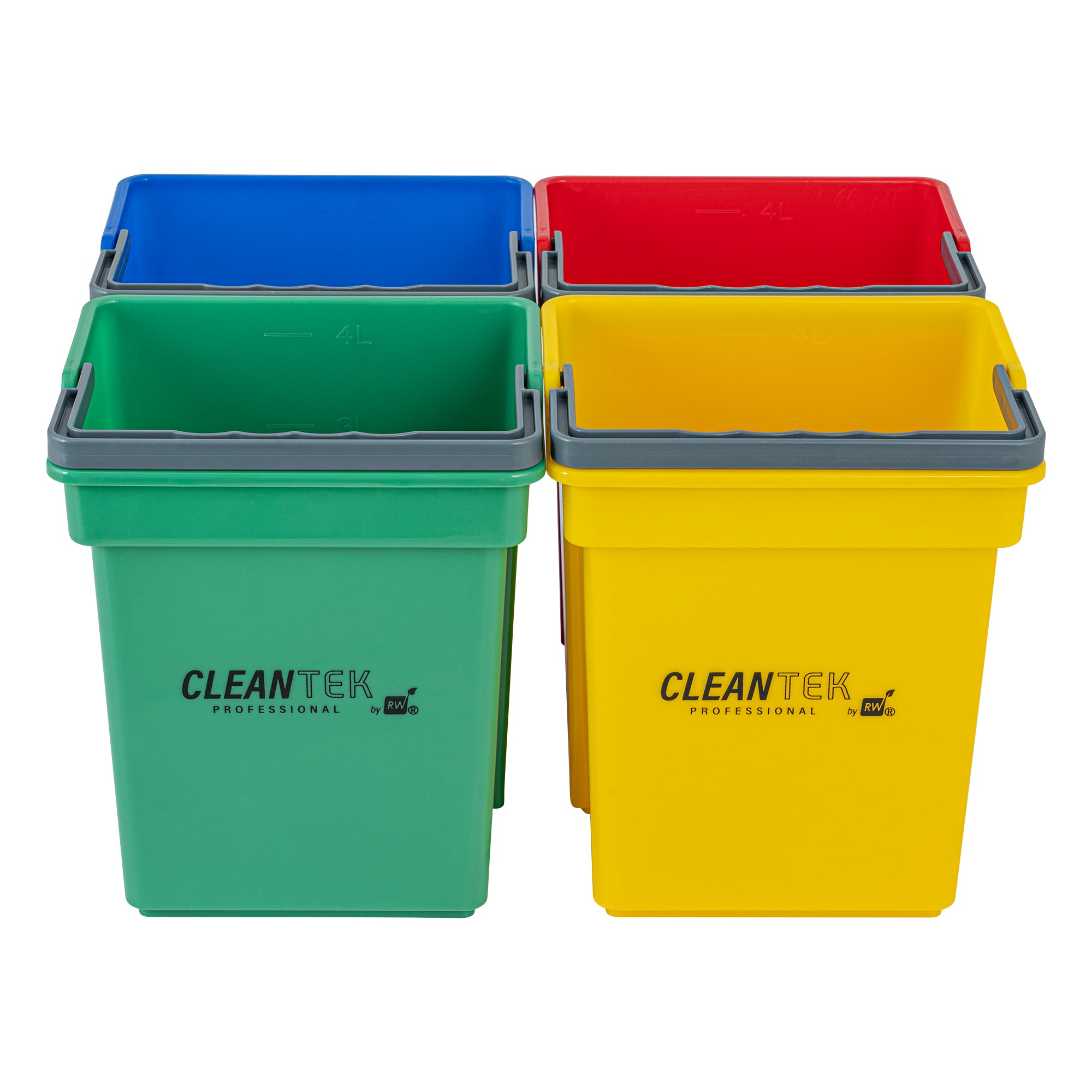 1 RW Clean 4 Qt Green Cleaning Bucket, 1 Blue Cleaning Bucket, 1 Red Cleaning Bucket and 1 Yellow Cleaning Bucket