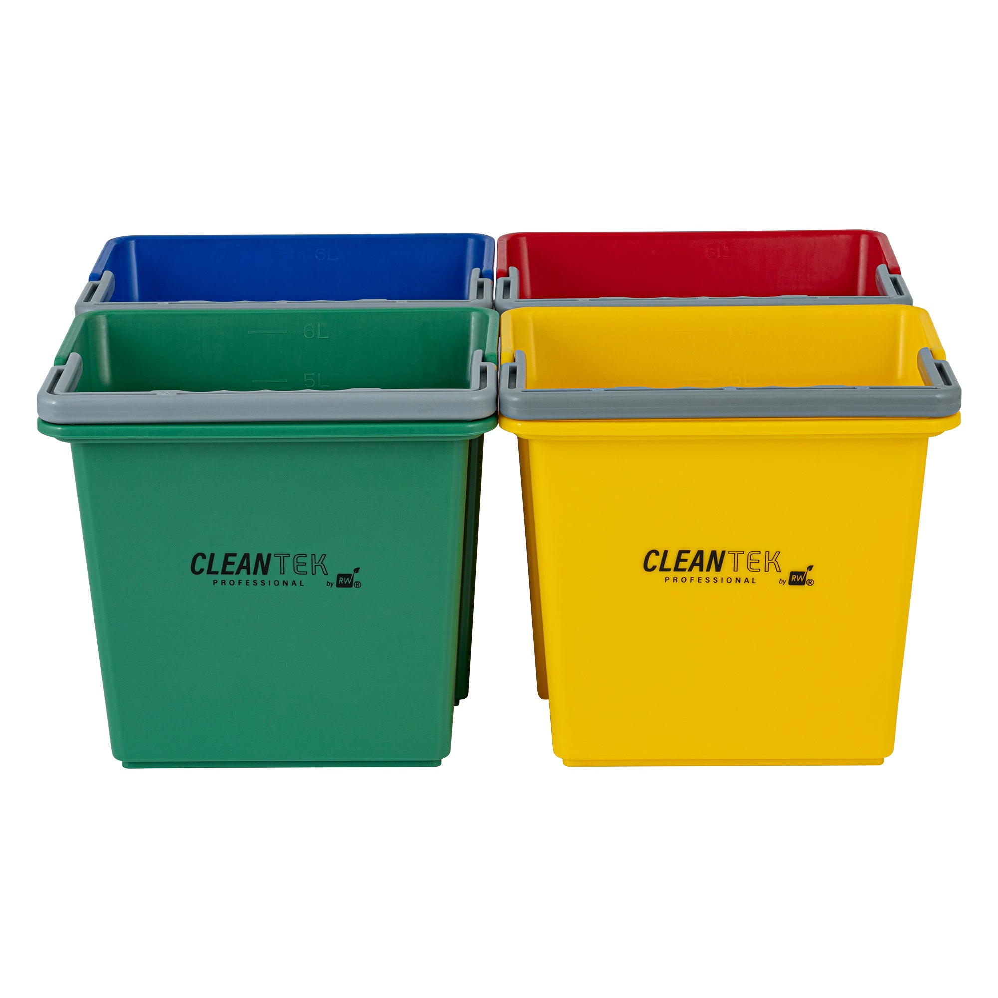 1 RW Clean 6 Qt Green Cleaning Bucket, 1 Blue Cleaning Bucket, 1 Red Cleaning Bucket and 1 Yellow Cleaning Bucket