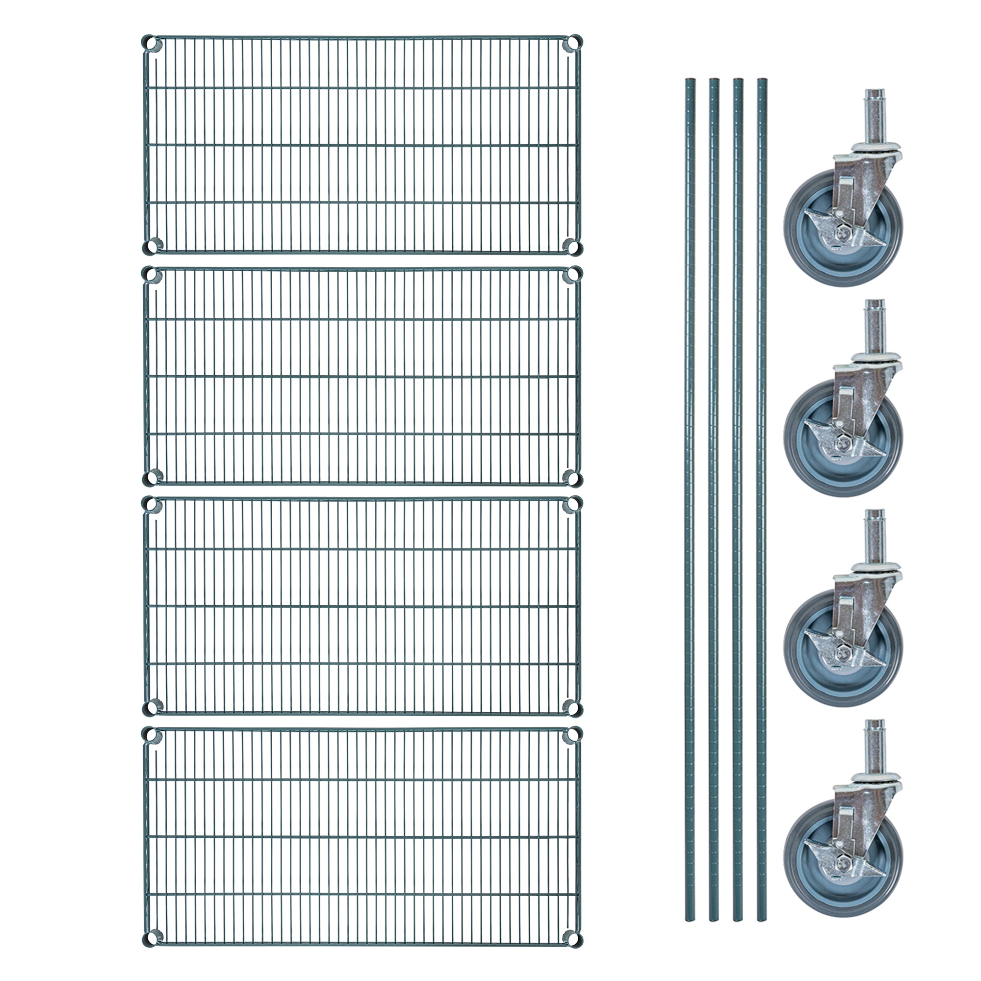 RW Base 4-Tier NSF Green Epoxy Shelving Unit - and 18" x 36" Shelves, 74" Posts and Casters