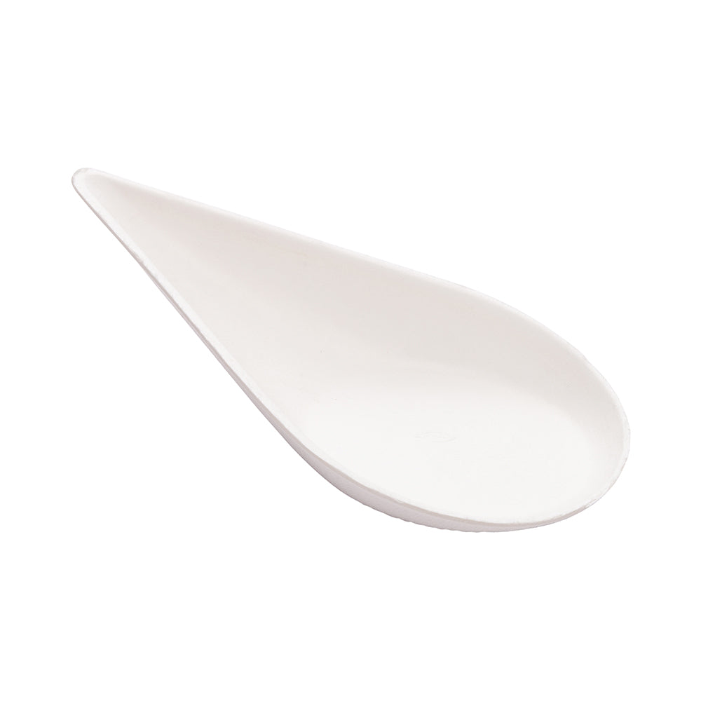 Pulp Tek Teardrop White Sugarcane / Bagasse Tasting Spoon - 4 1/4" x 2" x 1 1/4" - 100 count box